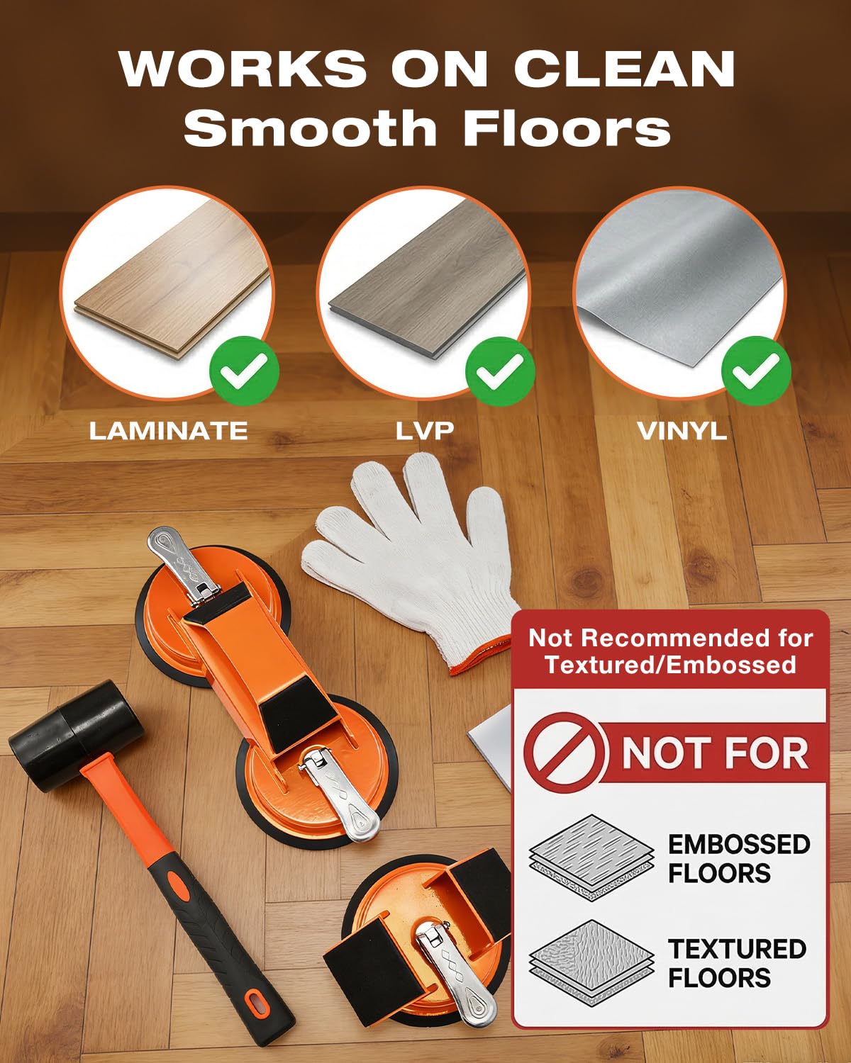 Saker Kit de herramientas y mazo para fijar huecos en el suelo, 10 almohadillas y guantes lavables, herramienta de ventosa para piso, herramientas de piso laminado para laminado liso (2 tipos de