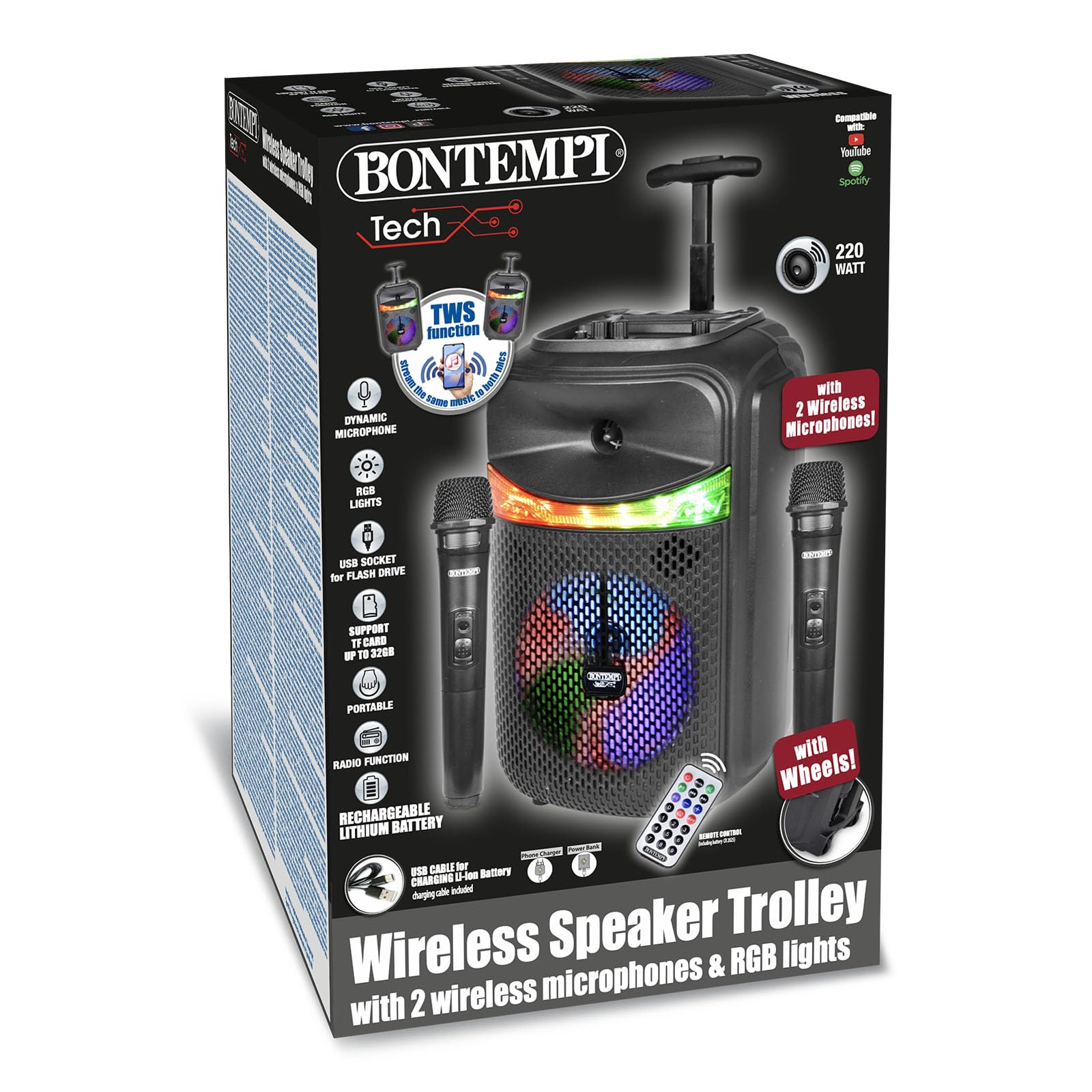 Bontempi | Cassa Trolley Acustica Wireless con 2 Microfoni Senza Filo, Luci RGB, Telecomando, Display, Funzione TWS, 39.5x22.5x19 cm