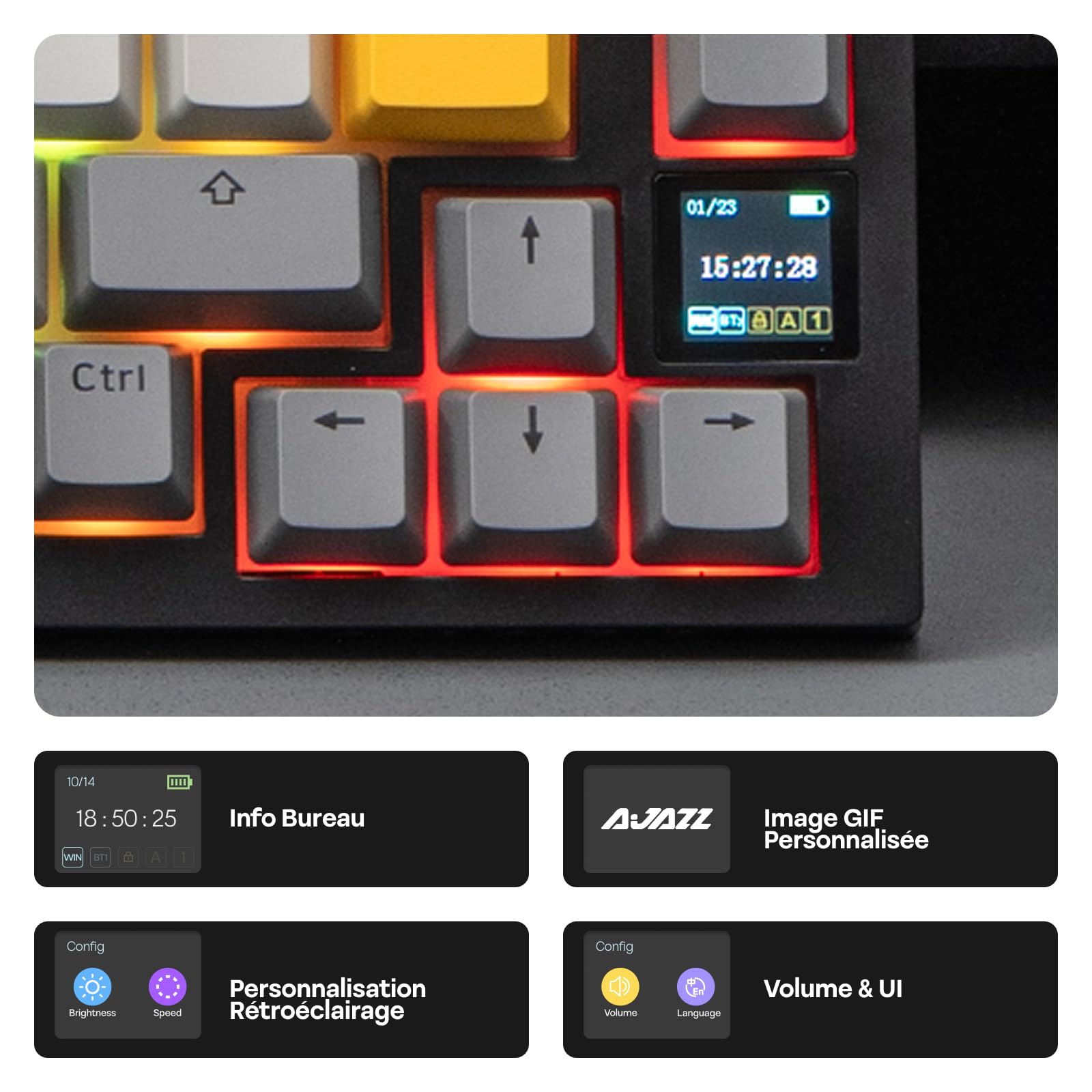 EPOMAKER Ajazz AK820 Pro ISO-FR Clavier Mécanique sans Fil AZERTY, Écran & Bouton Rotatif, 2.4G/BT/USB, Rétroéclairage RVB, Gasket Crémeux, Clavier Gaming 75% Disposition Française pour Win/Mac/PC