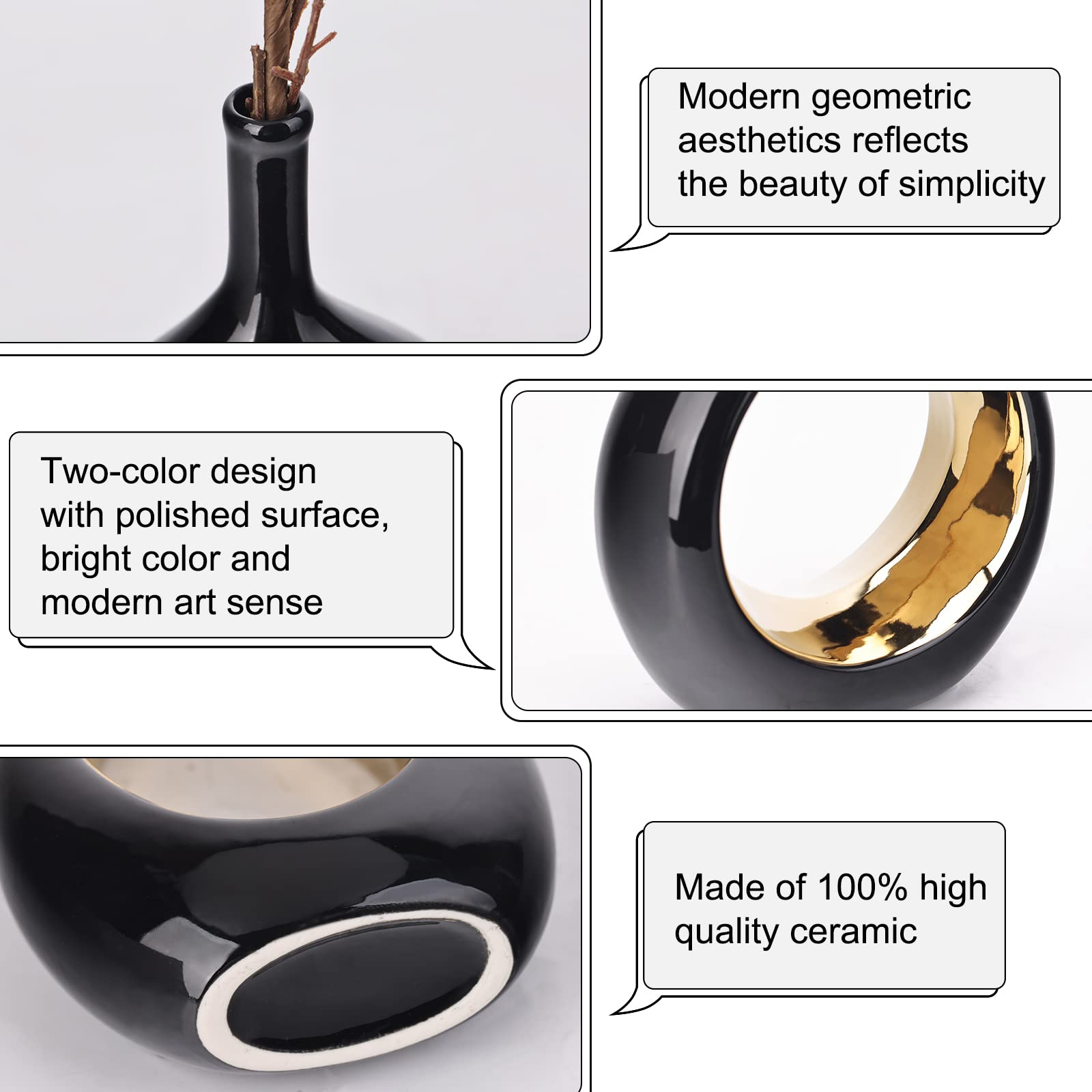 Black and Gold Vase Hollow Ceramic Vase Set of 2,Black Vases Home Decor, Boho Donut Vases Nordic Minimalist Decorative Vase, for Table Centerpiece Wedding Dining Living Room Office House Decoration