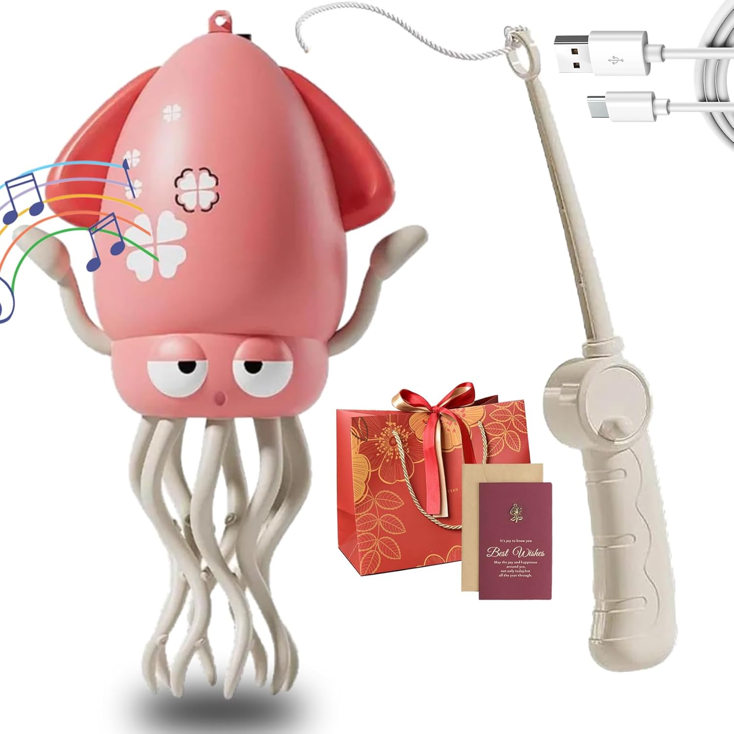 Electric Dancing Octopus Toy, Electric Automatic Obstacle Avoidance Octopus, Interactive Electronic Pet with LED Lights & Music, Avoidance Sensor | USB Rechargeable, with Fishing Rod (Yellow-1)