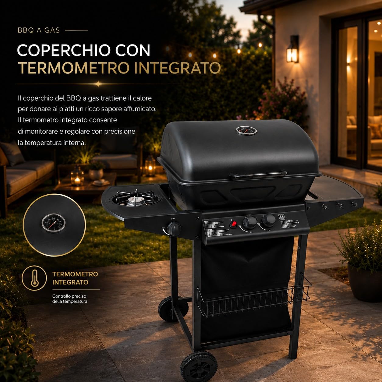 Barbecue a Gas con Pietra Lavica 2 Bruciatori + Fornello Laterale 8kW Area di Cottura 48 × 37cm Griglia in Acciaio Coperchio con Termometro e Ruote per Giardino