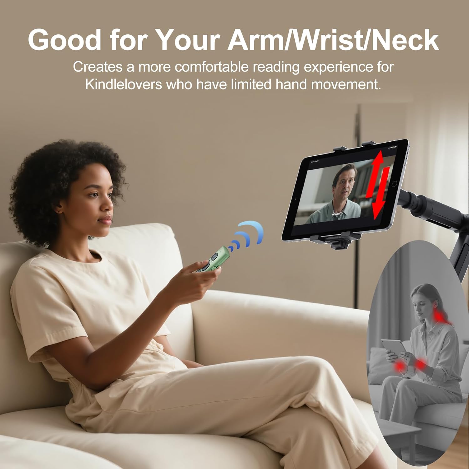 HANLINYUE E2CONTROL remote attached to an iPad, demonstrating hands-free use