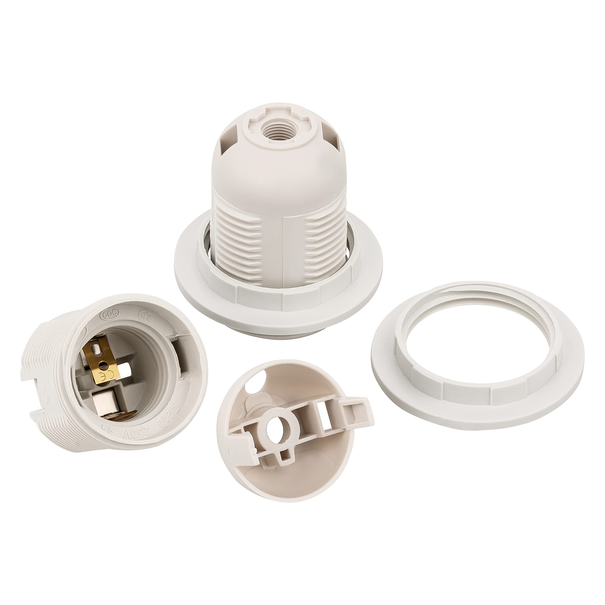 ISOLATECH 20x Casquillo E27 de Plástico con 2 Anillos para Pantalla | Máx. 250V/4A, Para bombillas LED y de bajo consumo, Soporte para techo, baño, cocina y nevera