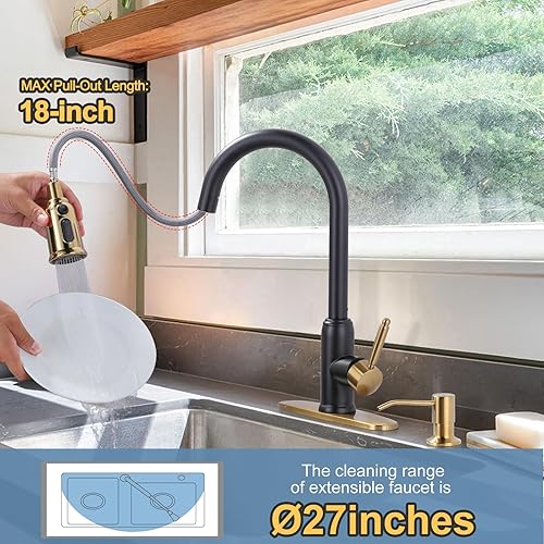 Miniatura 3 de WOWOW - Grifo de cocina negro y dorado con dispensador de jabón, grifo de cocina de acero inoxidable para fregadero de 2 o 4 agujeros, grifo de