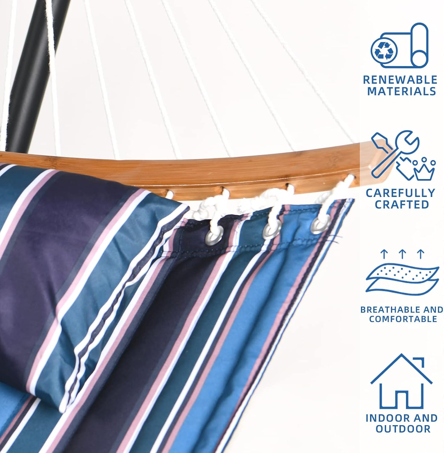 HENG FENG 11FT Quilted Fabric Double Hammock with Bamboo Spreader Bar,2 Person Hammock for Indoor Outdoor,Max 475lbs Capacity,Blue Stripe