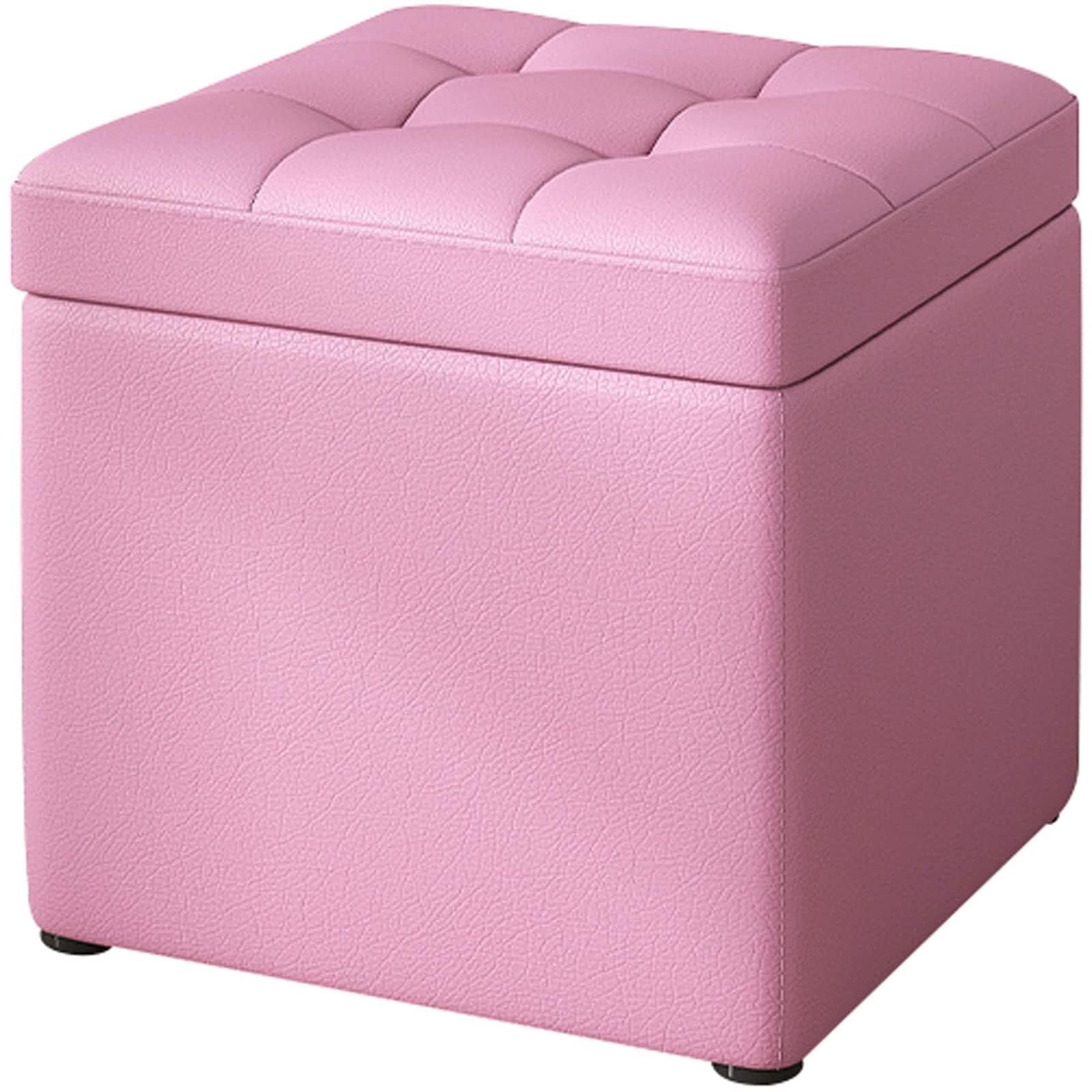 Banc rembourré rose avec rangement et pieds en bois pour salon