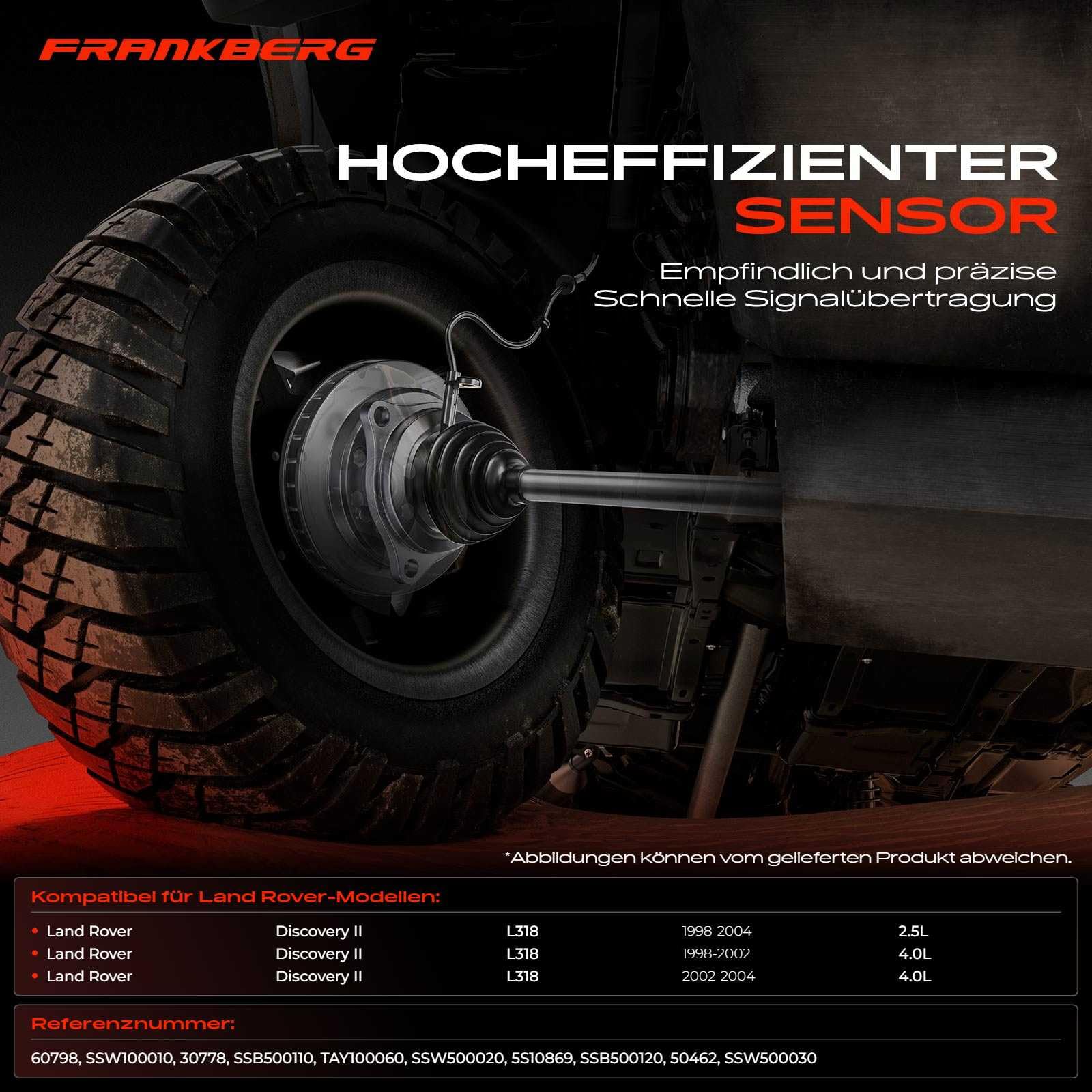 Frankberg 4x Sensori Velocità Ruota Sensore ABS 2-Poli Compatibile con Discovery II L318 2.5 TD5 4x4 4.0 V8 4x4 1998-2004 Replace# 60798,50462