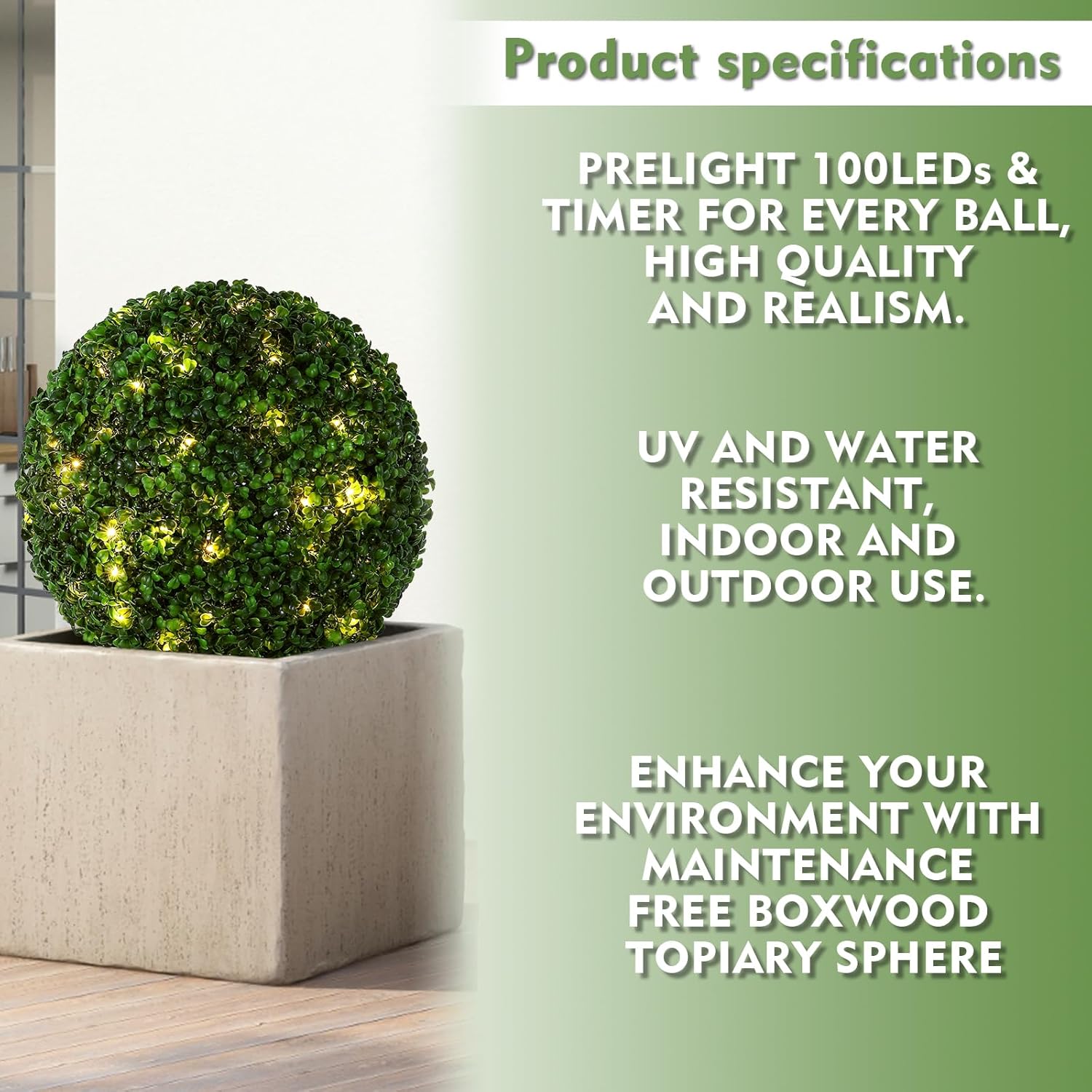 2 Pcs Lighted Topiary Ball Outdoor Pre-Lit Faux Boxwood Planter Filler Sphere, Artificial Topiary Ball? Decorative for Backyard, Balcony, Garden, Wedding Party, Home Office (15 * 15) 15*15