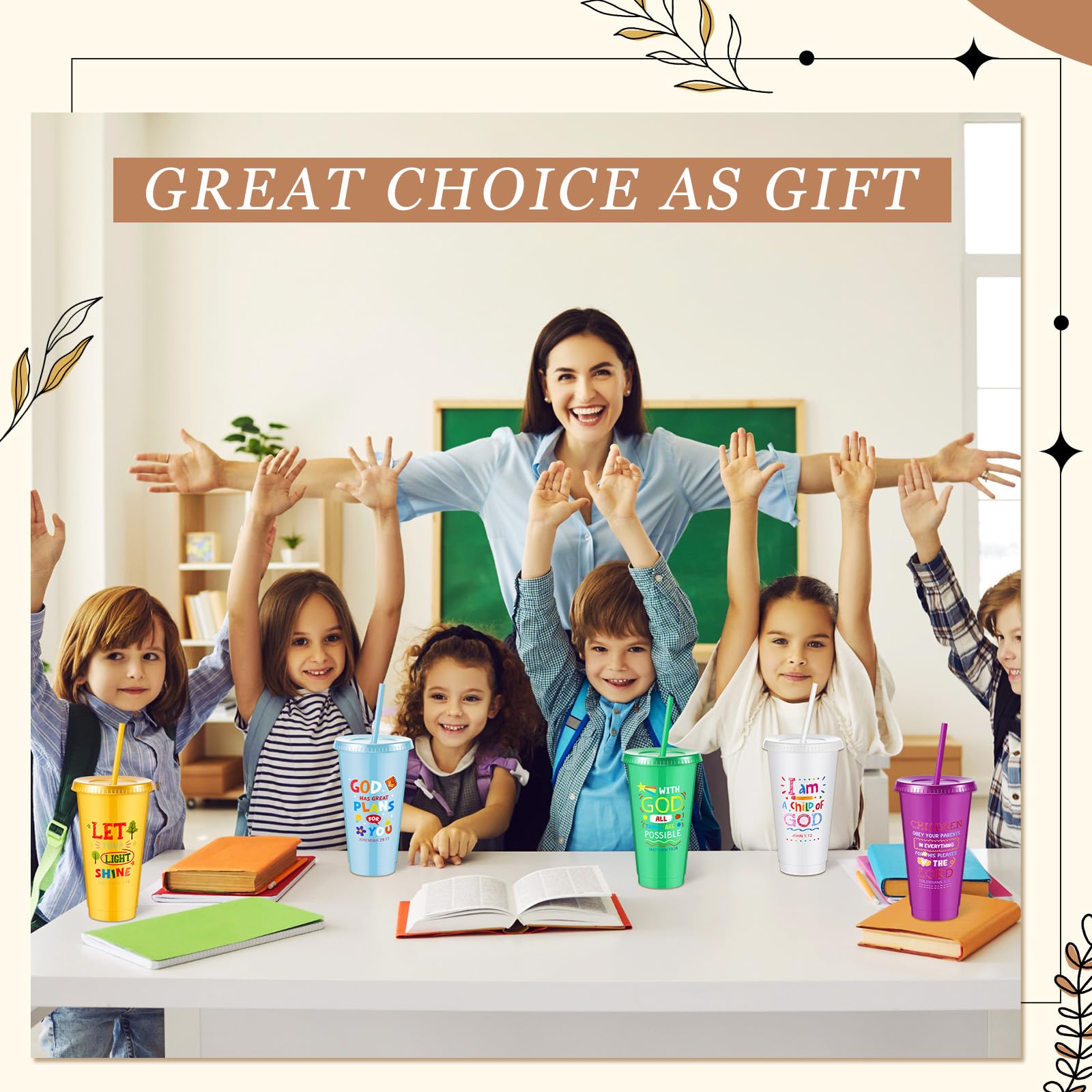 Uiifan Lot de 30 gobelets chrétiens en plastique avec couvercles et paille - 710 ml - Cadeaux chrétiens inspirants pour enfants, Noël, dimanche, école, fête religieuse