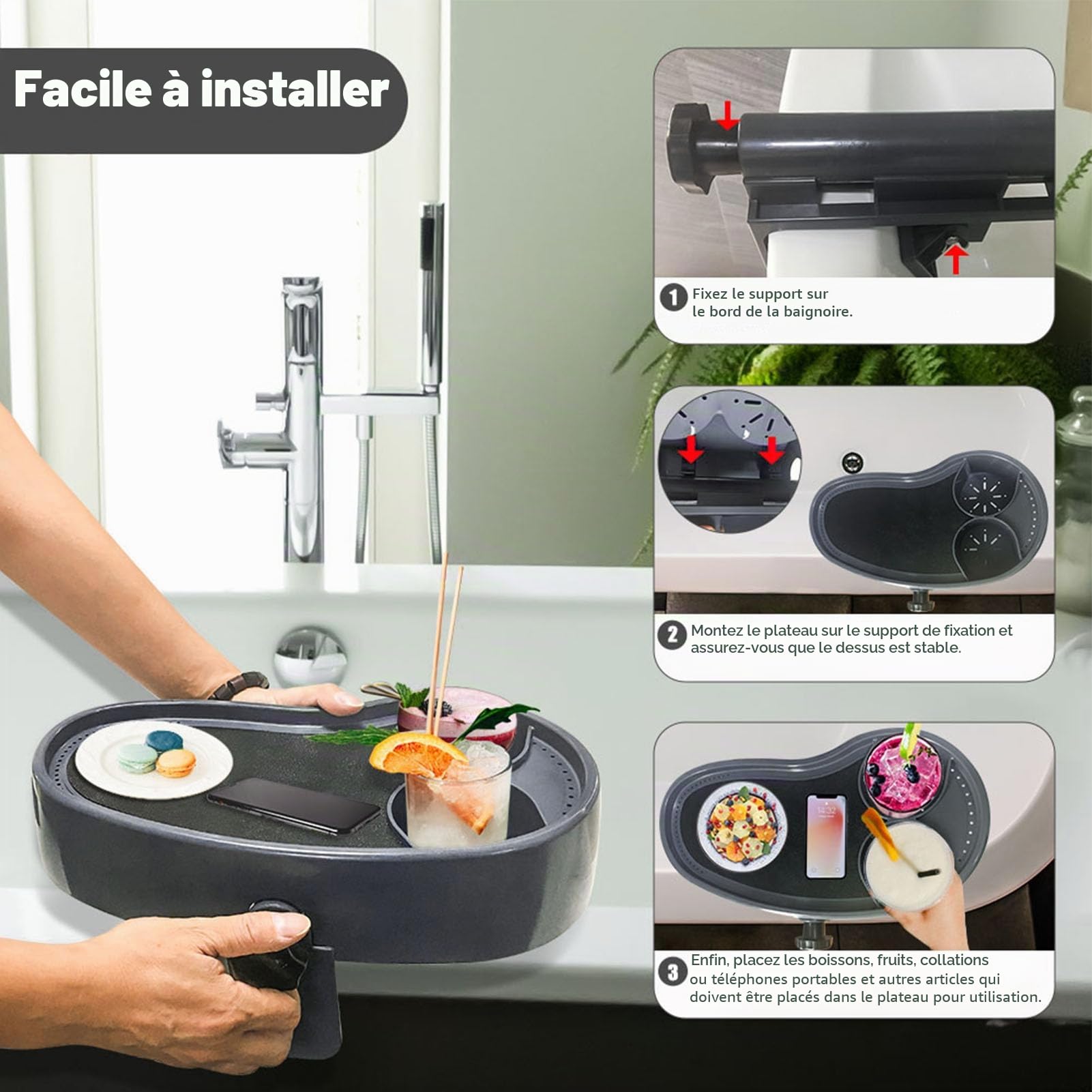 Focket Plateau de Table pour Spa, Plateau Réglable pour Spa, Support à Boissons Antidérapant Robuste avec 2 Porte-gobelets, Table Adaptée à la Plupart des Spas, pour Baignoire Hors Sol,