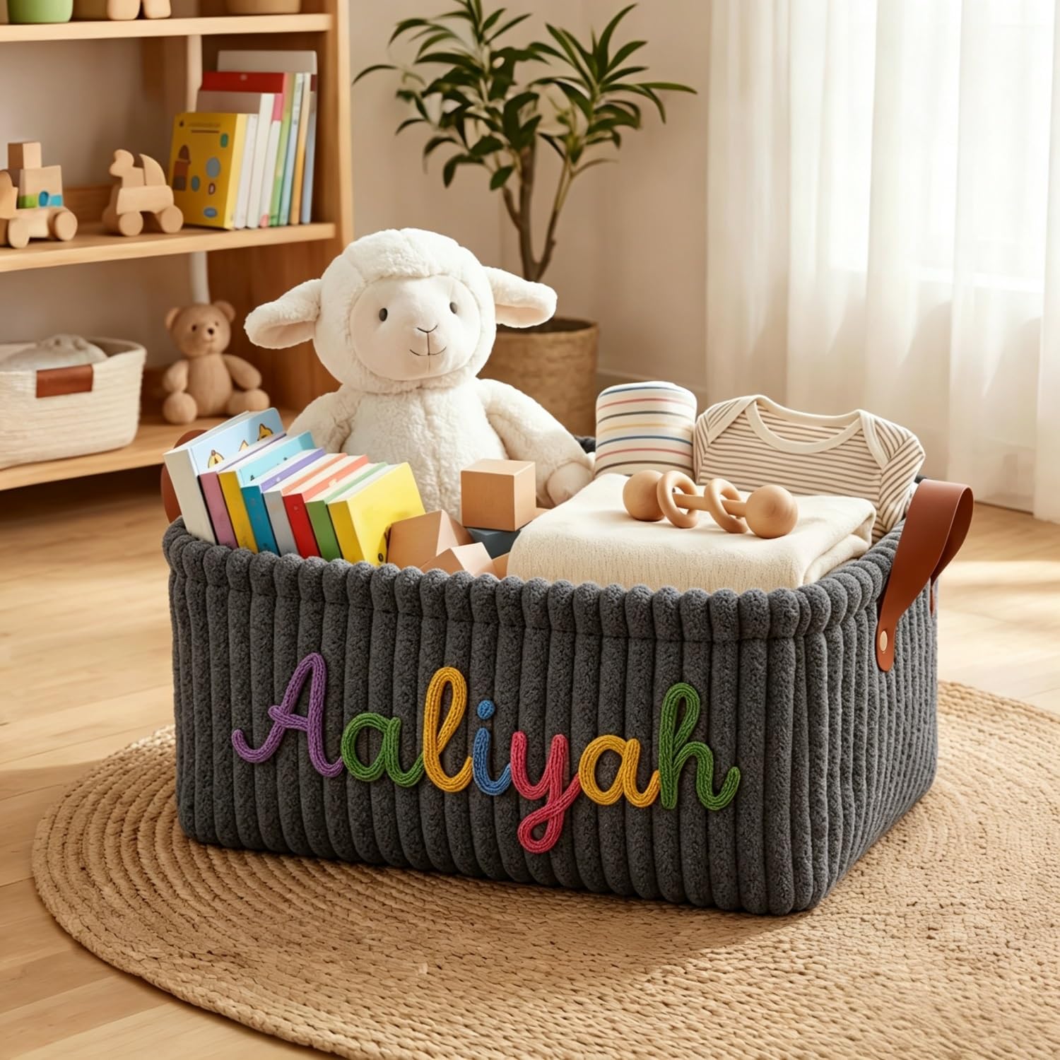 Bfbzyme Dark Gray Personalized Woven Name Baby Diaper Basket, Custom Corduroy Nursery Organizer Storage Caddy, Foldable Clothes And Wipes Holder For Newborn