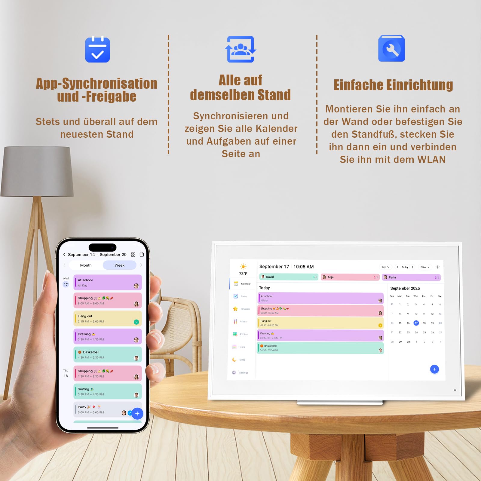 Digitaler Kalender 15.6", Digitaler Familienplaner mit Touchscreen, Elektronischer Wandkalender, Essensplaner, App-Sync, Wochenplaner, mit Wandhalterung