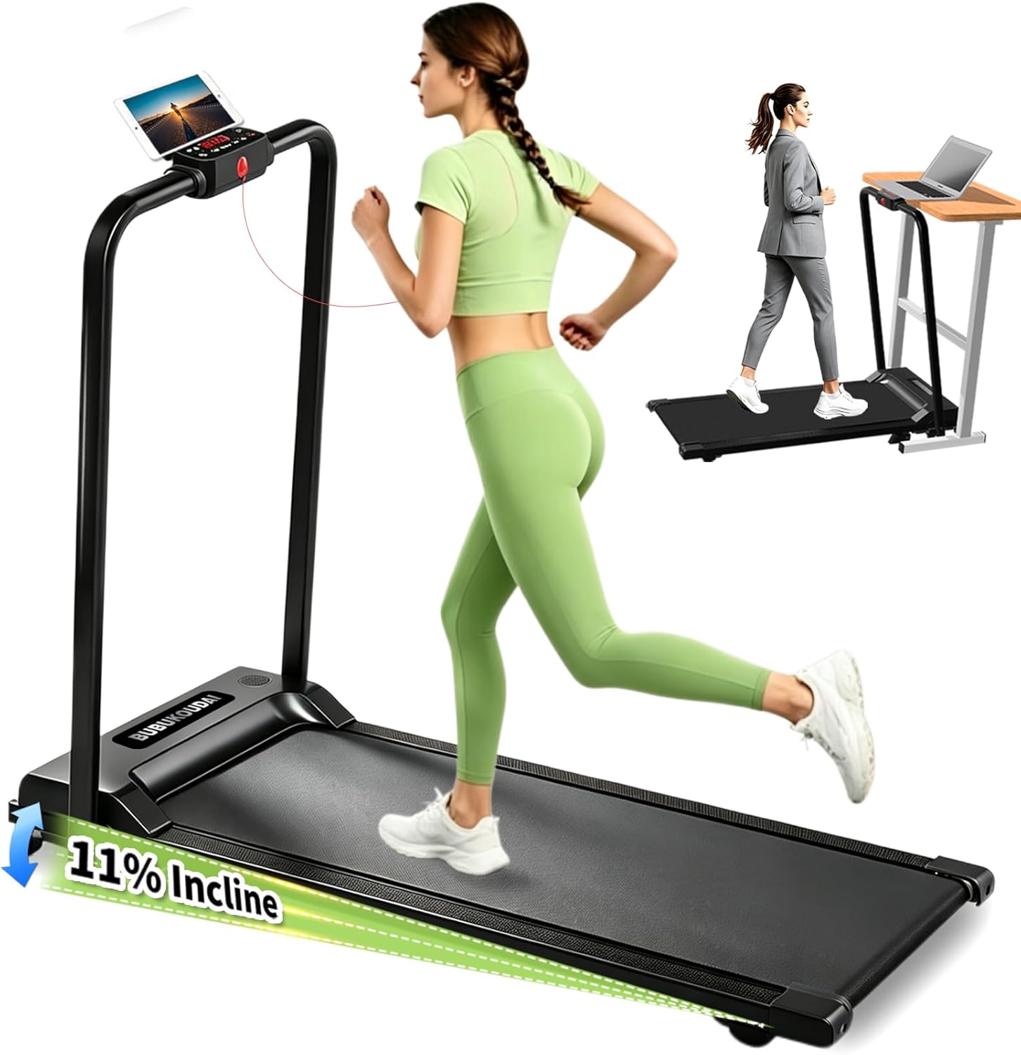 Walking Pad Treadmill for Home, with Handle Bar and Adjustable Incline, Quiet Anti-Slip Portable Foldable Under Desk Treadmill, LED Monitor & Safety Key, 40"x16" Spacious Running Belt
