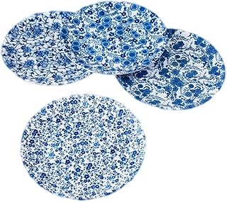 Blue & White Floral Pattern Picnic/Dinner Plate, 9 Inch Melamine, Set of 4
