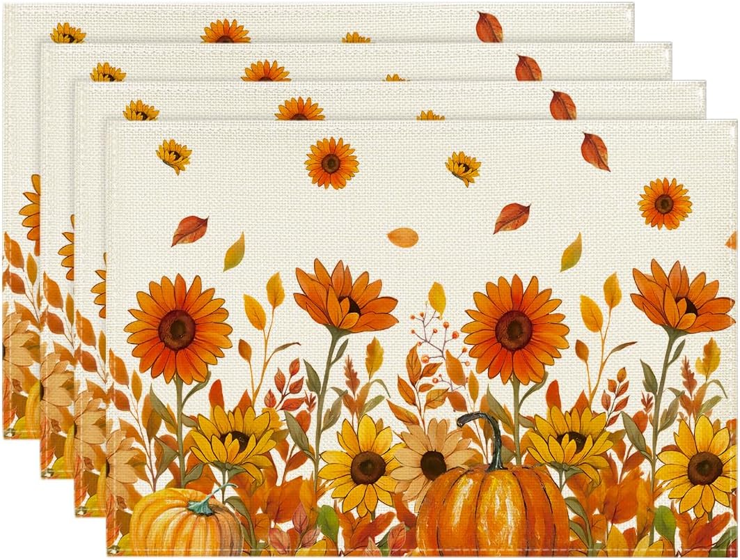 Artoid Mode Sunflowers Leaves Fall Placemats Set of 4-12 x 18 Inch