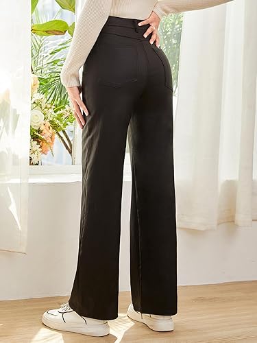 Miniatura 2 de Verdusa Leggings de cuero de cintura alta para mujer, pantalones rectos de PU de pierna ancha con bolsillo