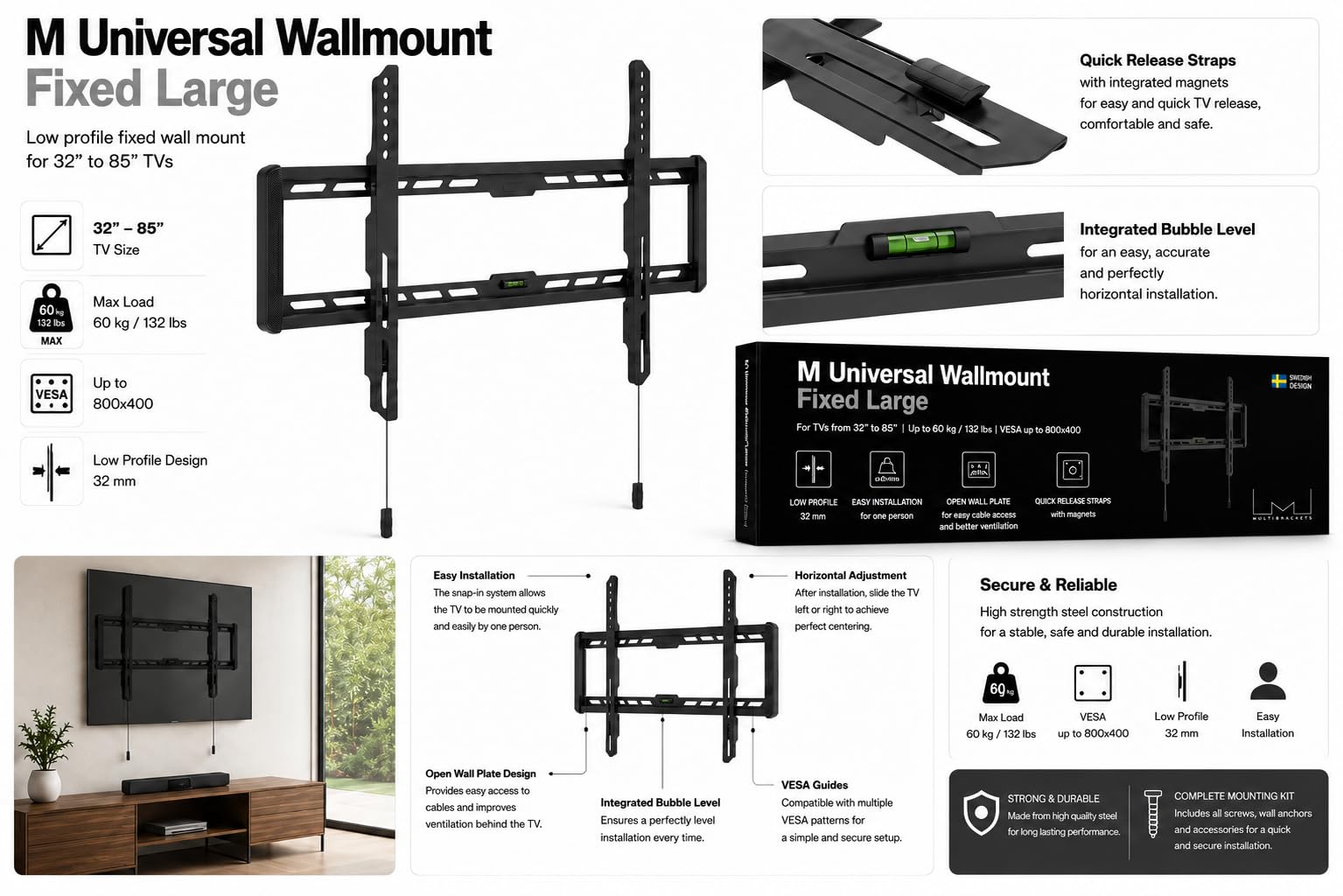 MULTIBRACKETS - Wallmount Fixed Large - Soporte TV de Pared Fijo. Separación de la Pared: 2,3 cms. VESA 40 x 40 hasta 80 x 40.