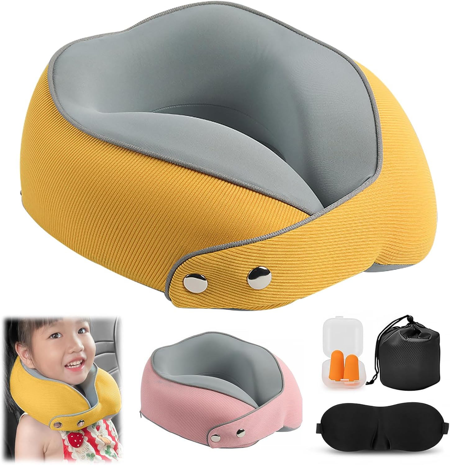 Gonggi Kids Travel Pillow, Kids Neck Pillows for Travel 360° Support, Travel Neck Pillow for Airplane With Masks, Earplugs, U-Shaped Pillow For Airplanes, Car, Office (Yellow) Gonggi Kids Travel Pillow, Kids Neck Pillows for Travel 360° Support, Travel Neck Pillow for Airplane With Masks, Earplugs, U-Shaped Pillow For Airplanes, Car, Office (Yellow)