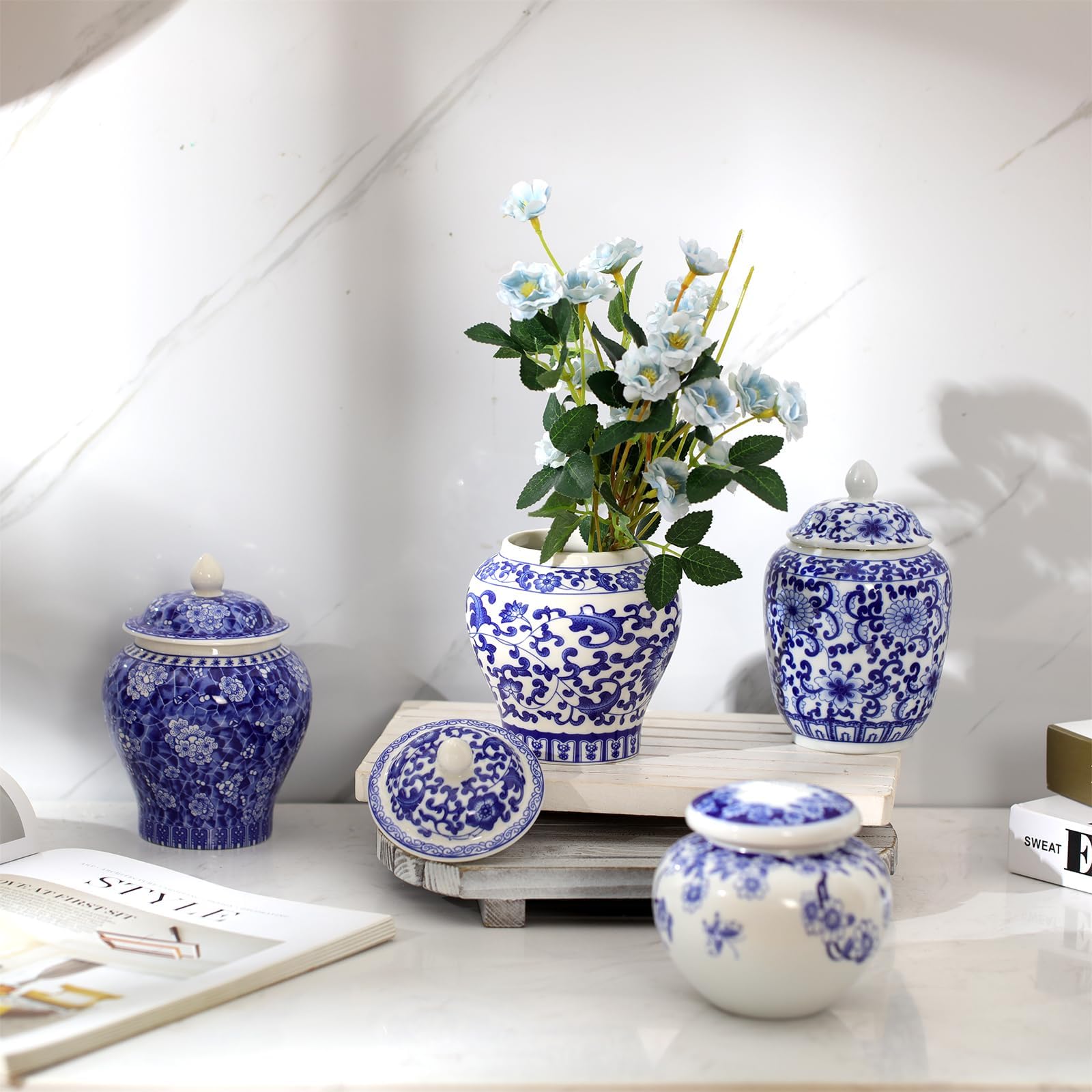 Small Blue and White Vase Porcelain Vases Blue Chinoiserie Decor Porcelain Ginger Jars for Home Chinoiserie Decor for Bedroom Table Accent Shelf Tabletop(Classic,4 Pcs)