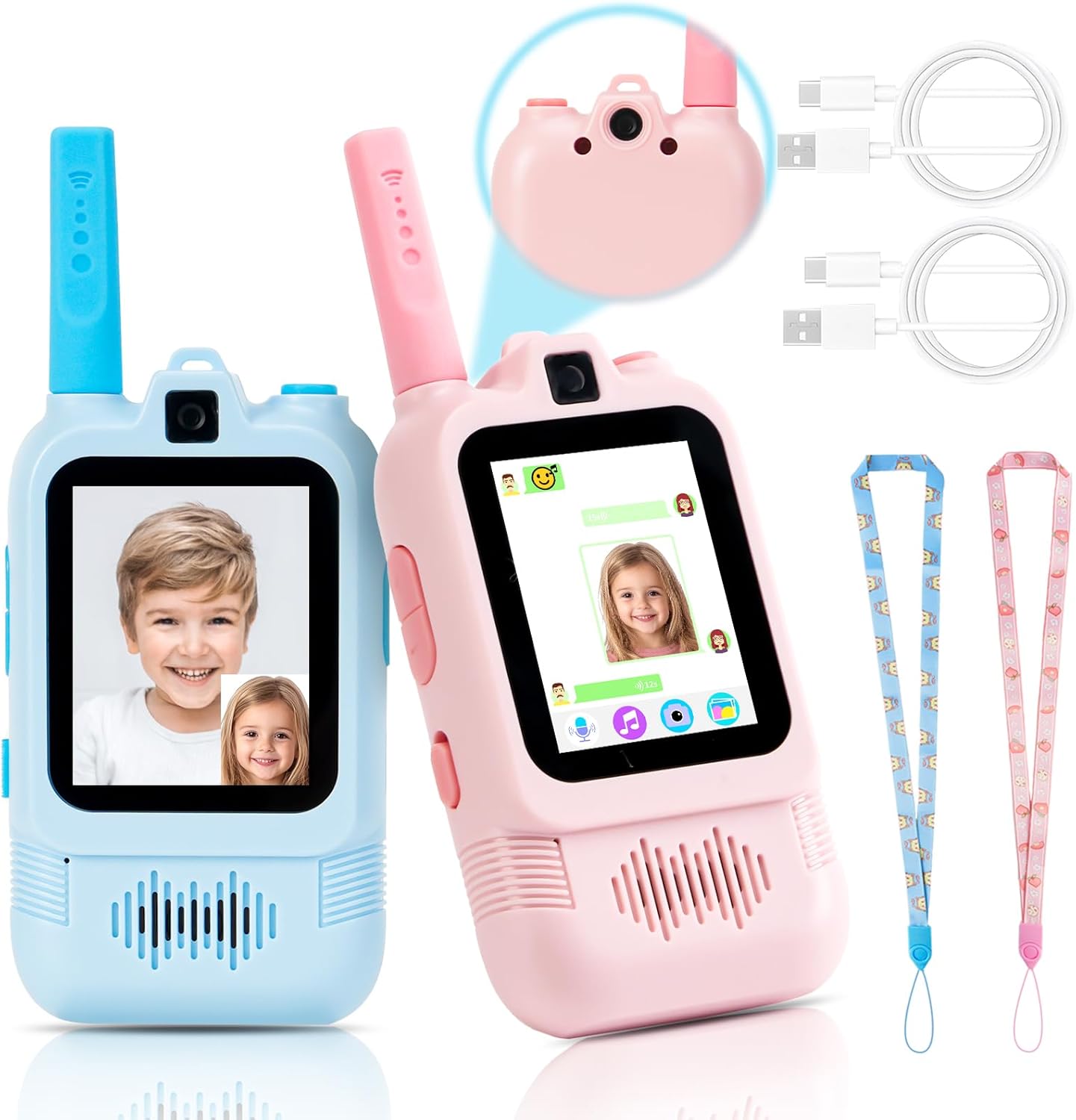 Video Walkie Talkies for Kids 2 Pack, 2.0" IPS Dual Camera with Photo Share & Voice Chat, Rechargeable Long Range with Lanyard for Indoor/Camping/Hiking, Birthday Gift for Boys Girls Age 3+, Blue/Pink