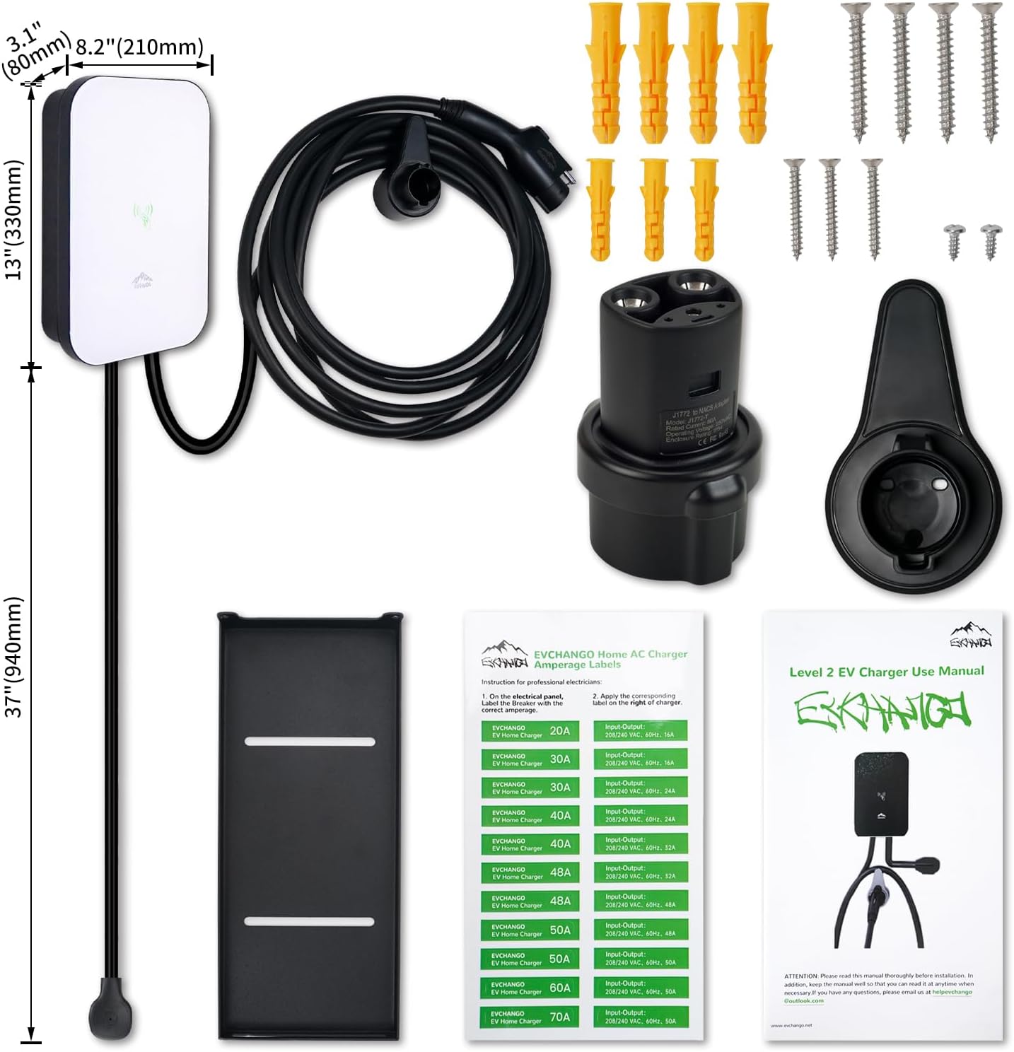 Level 2 EV Charger, 48 Amp & 240V EV Charger Level 2, NEMA 14-50 Plug, Metal Case Enclosure, Indoor/Outdoor, Tesla Adapter EV Level 2 Charger, 2.4GWiFi/RFID/App Level 2 EV Charger 25' Cord