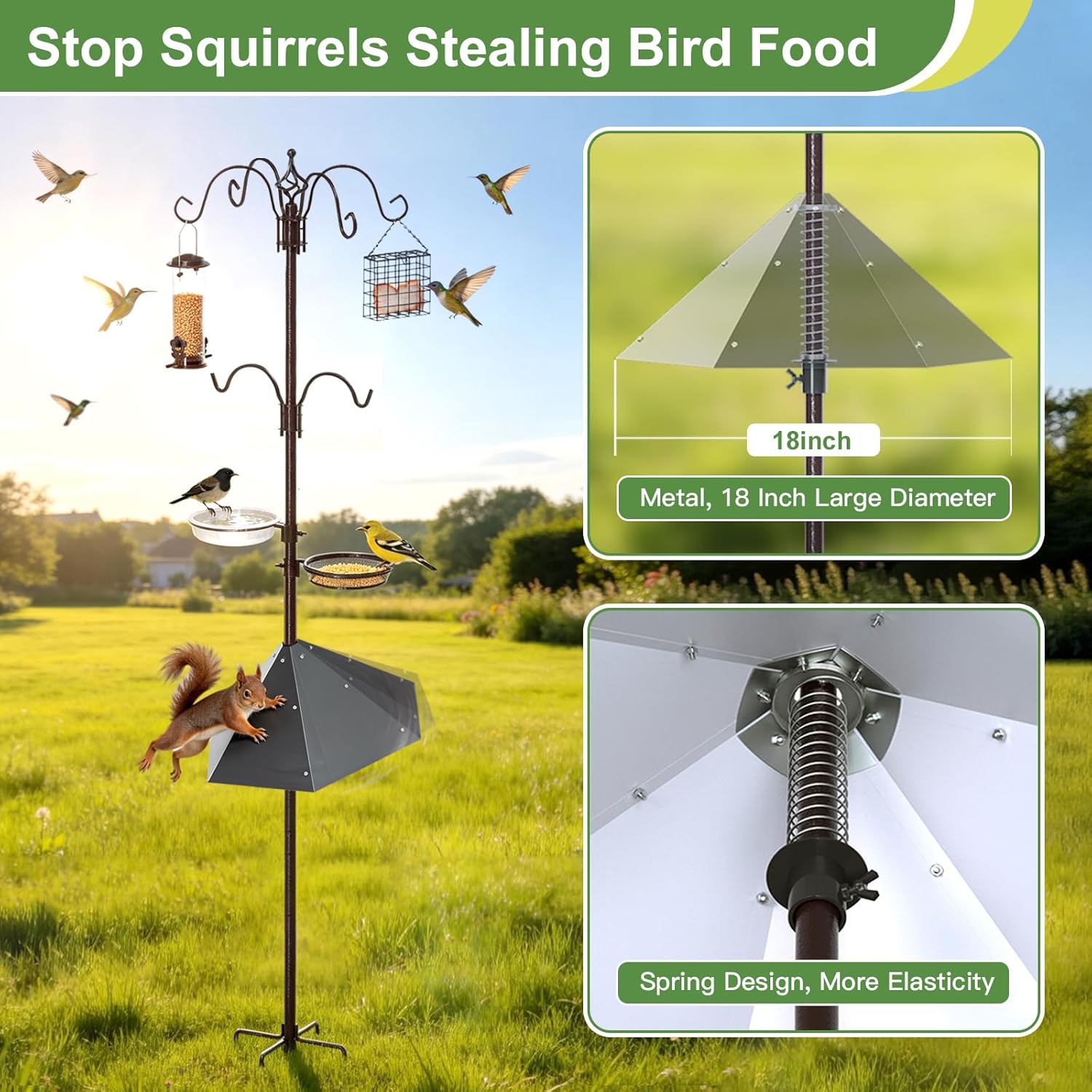 94" Bird Feeding Station Kit with Metal Squirrel Baffle, Heavy Duty Metal Bird Feeding Station with Seed Tray＆Mesh Basket, Easy Assembly Ground Mounted Bird Feeder Pole for Garden Yard Outdoor