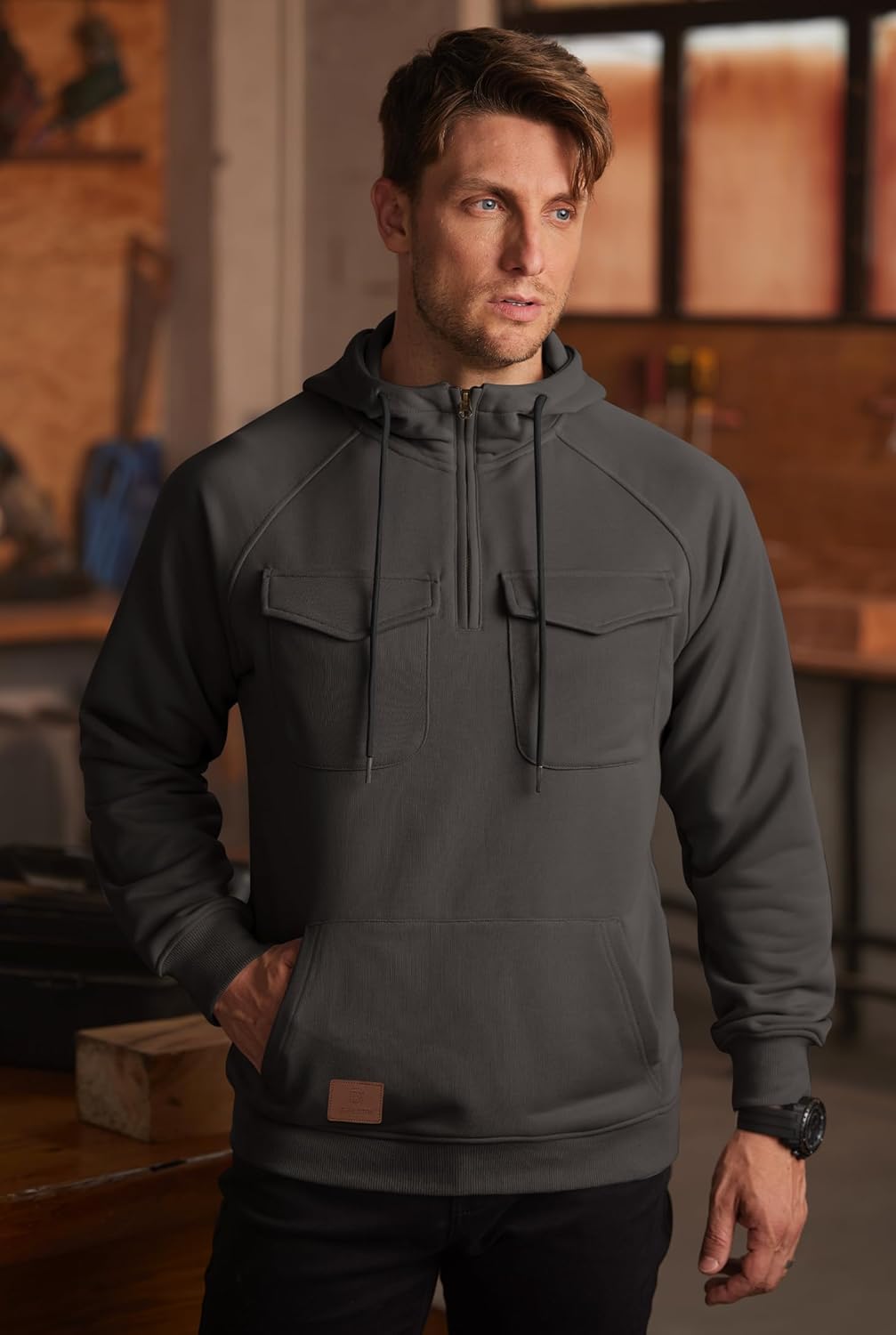Men's Cargo Hoodie Quarter-Zip Midweight Casual Workwear Tactical Pullover with Pockets (S-3XL)