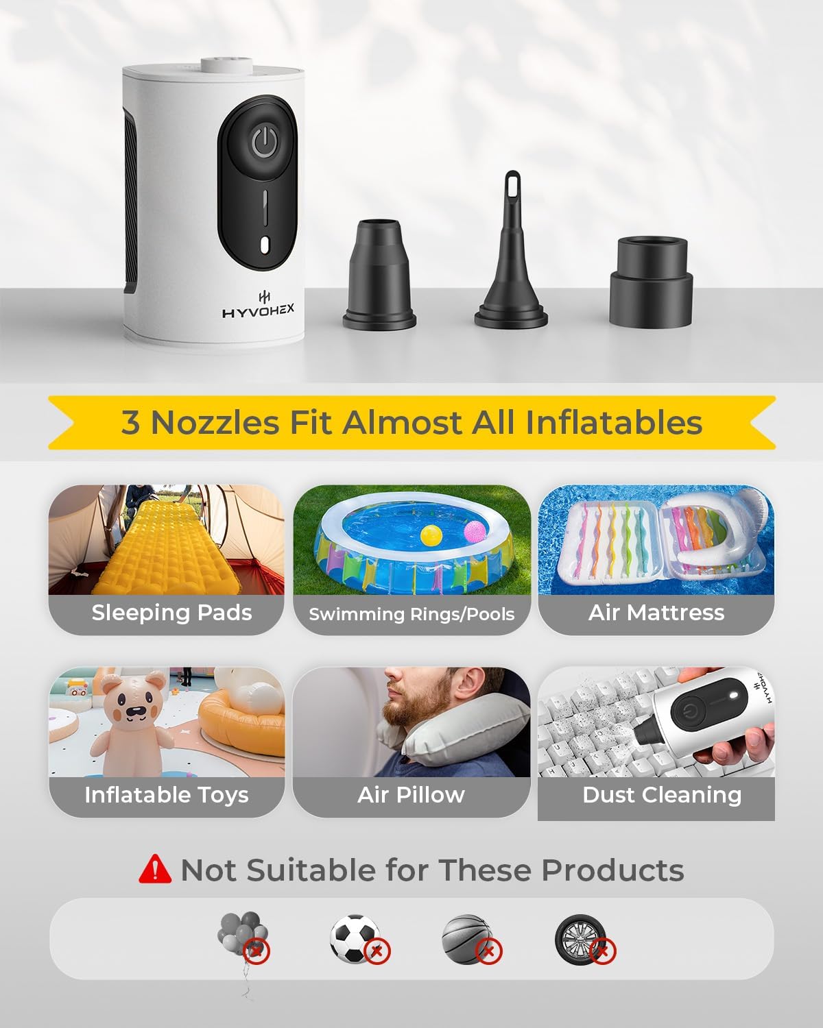 Portable Air Pump for Inflatables, 4000mAh Ultra Fast Air Mattress Pump with Advanced Heat Dissipation, 3 Nozzles Electric Air Pump Inflate Deflate for Sleeping Pads, Pool Floats