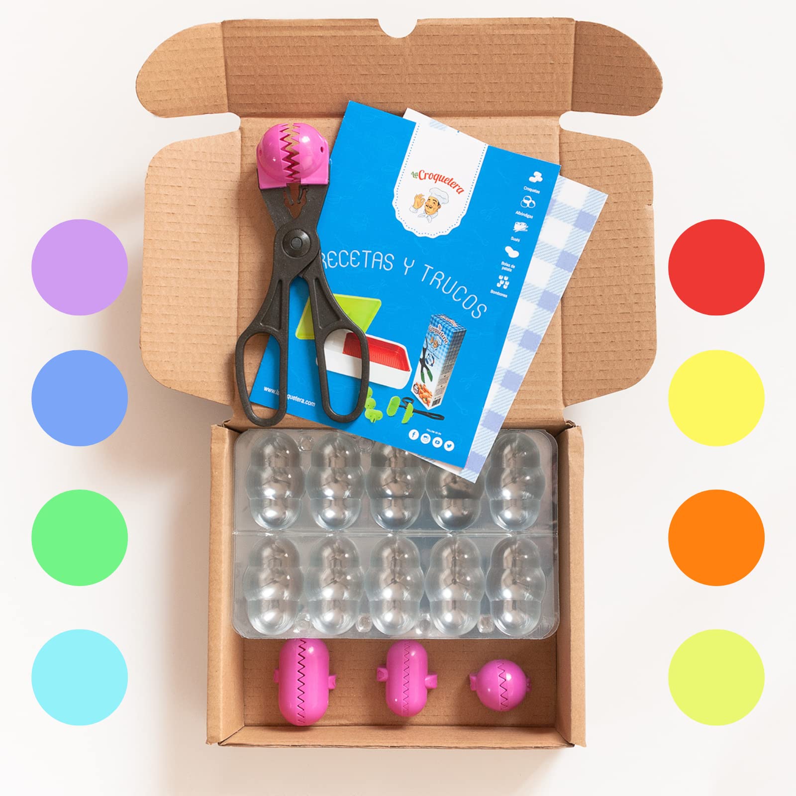 Kit básico La Croquetera + Pack Utensilio multiusos color aleatorio - 4 moldes intercambiables para masas + Pack 10 Bandejas conservación + librito con trucos y recetas basicas- 100% Español.