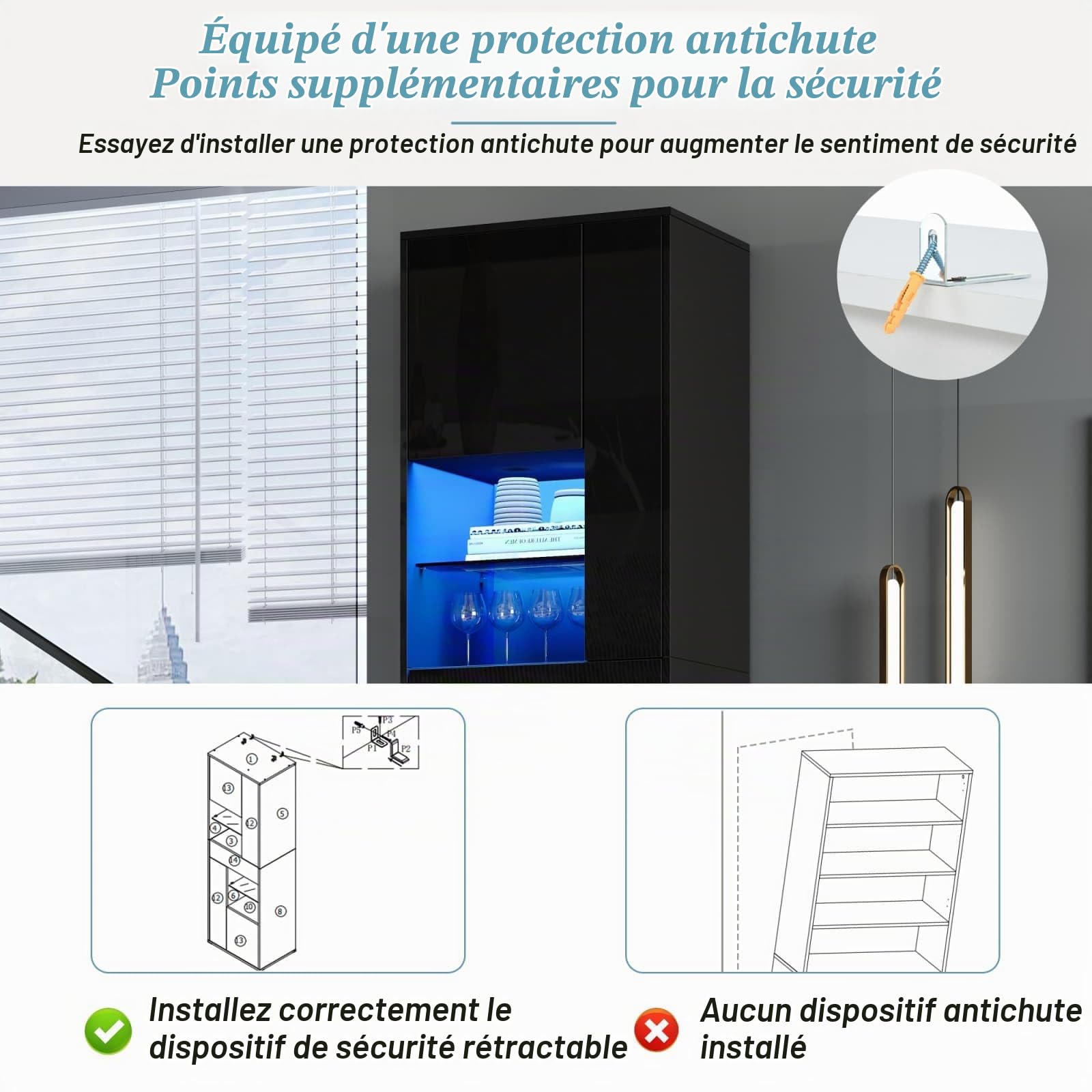 KOMHTOM Vitrine avec éclairage LED, Armoire de Rangement avec Portes Vitrées, Armoire Haute pour Salles de Collection, Chambres, Salons et Bureaux (F)