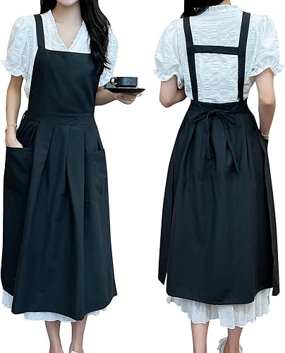 Pinafore - Delantal, de lino y algodón japonés, con espalda cruzada para mujer, con bolsillos, vestido con lazos en la cintura (negro)