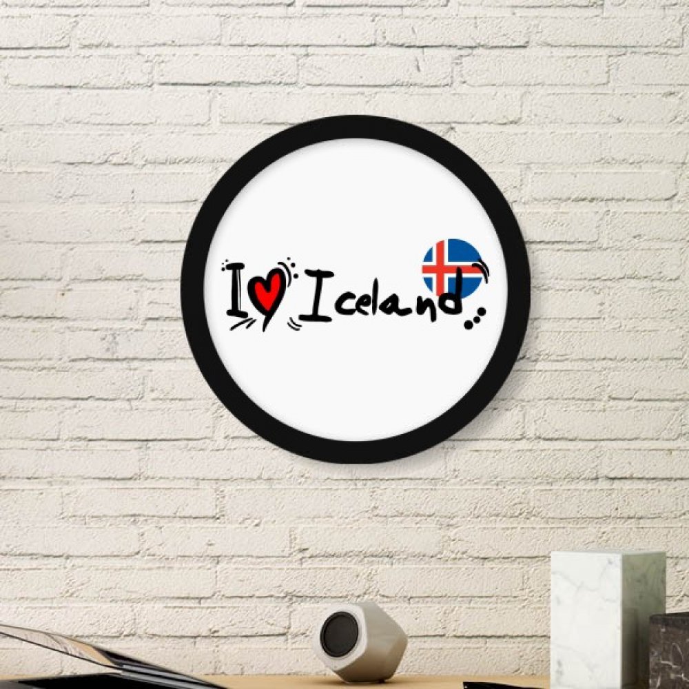 Drapeau Islande cœur art imprimé sur petit cadre rond noir pour salon