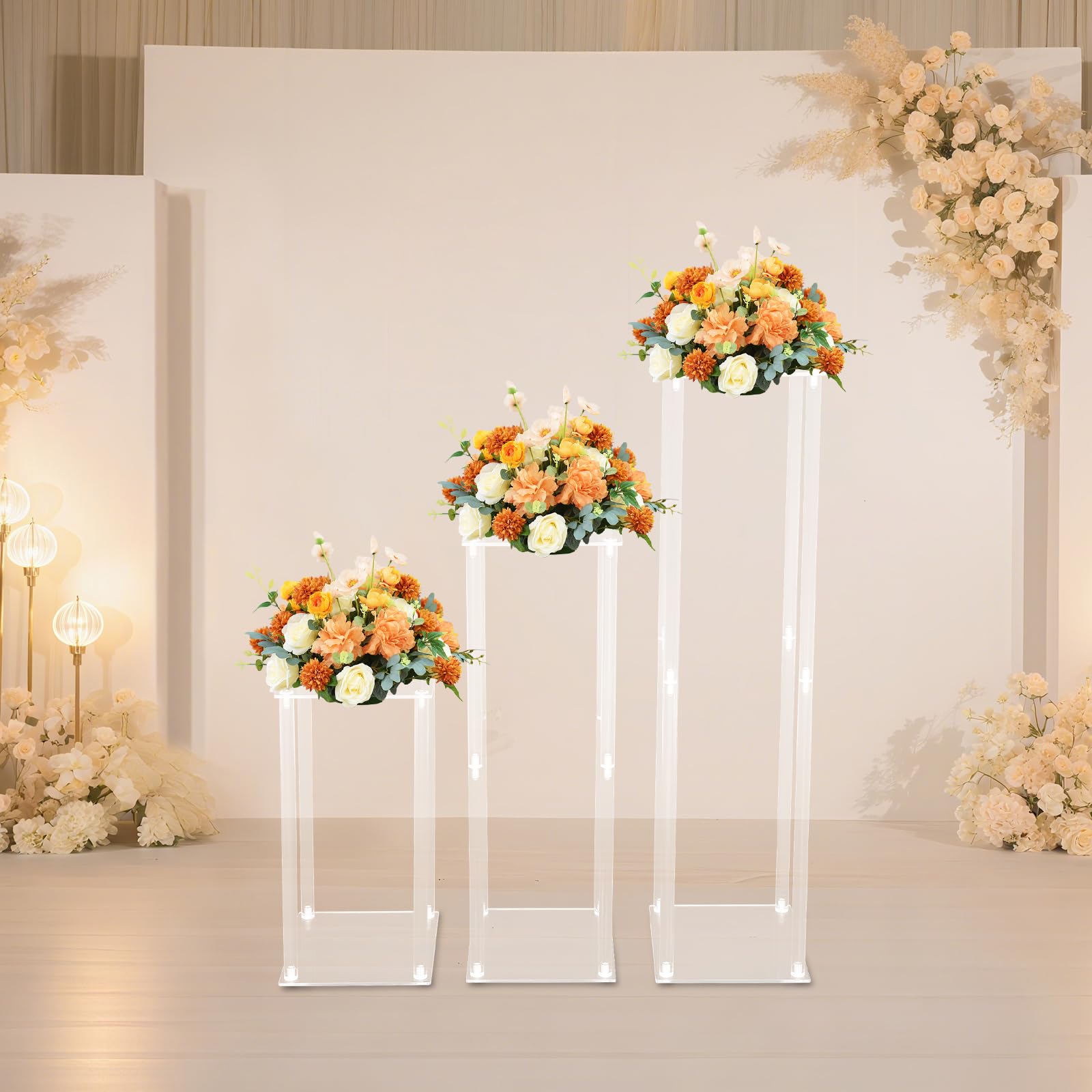 Blumenständer für Hochzeit, Aufsteller, Acryl, Tischaufsteller, Set mit 3 | Transparentes Acryl, 3 Höhen 40/60/80 cm, einfache Montage, Verwendung im Innen- und Außenbereich, wiederverwendbar