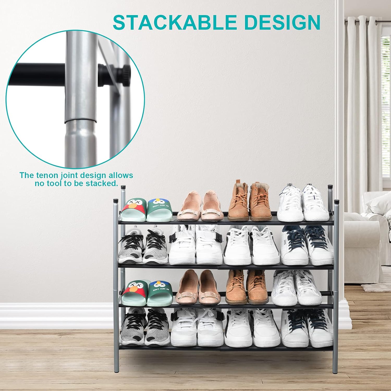 2-Tier Expandable Shoe Rack, Stackable and Adjustable Shoes Organizer Storage Shelf, Sturdy and Durable Metal Structure Free Standing Shoe Rack for Closet Entryway Doorway : Home & Kitchen