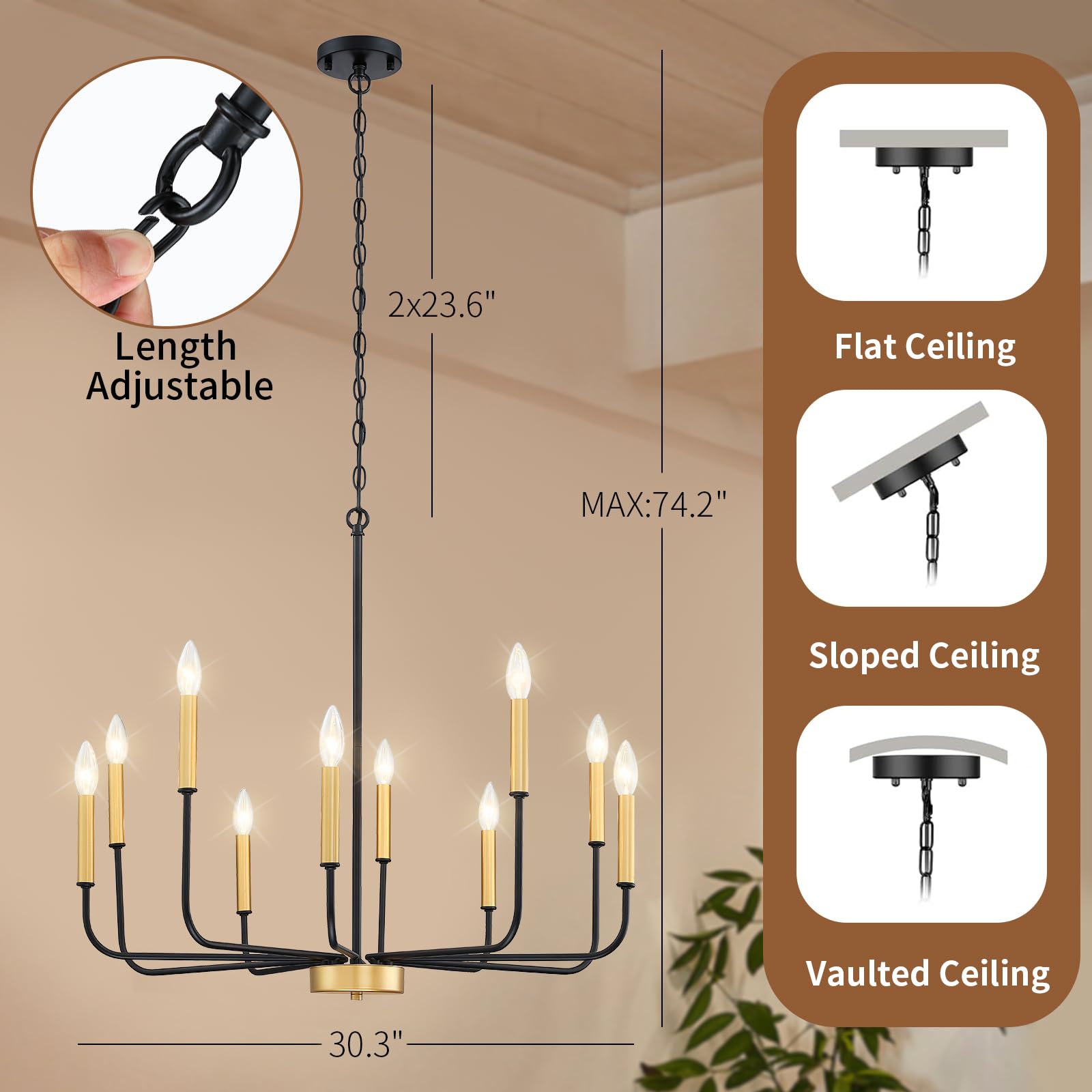 TUUANA 10-Light Modern Farmhouse Chandelier Black & Gold, Metal Dining Room Light Fixture Candle Chandelier, Mid Century Hanging Pendant Lighting Brass for Kitchen Island, Living Room, Foyer, Bedroom