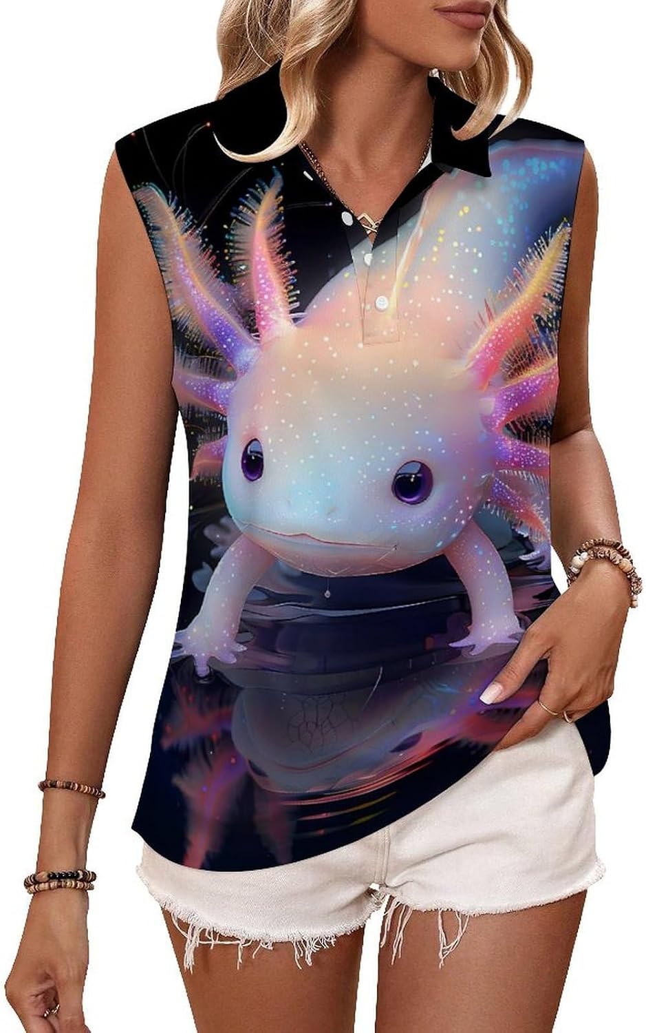 Cute Axolotl and Shadow Women's Golf Shirt Sleeveless Polo Shirts Tank Tops Blouses Tennis T-Shirts Casual