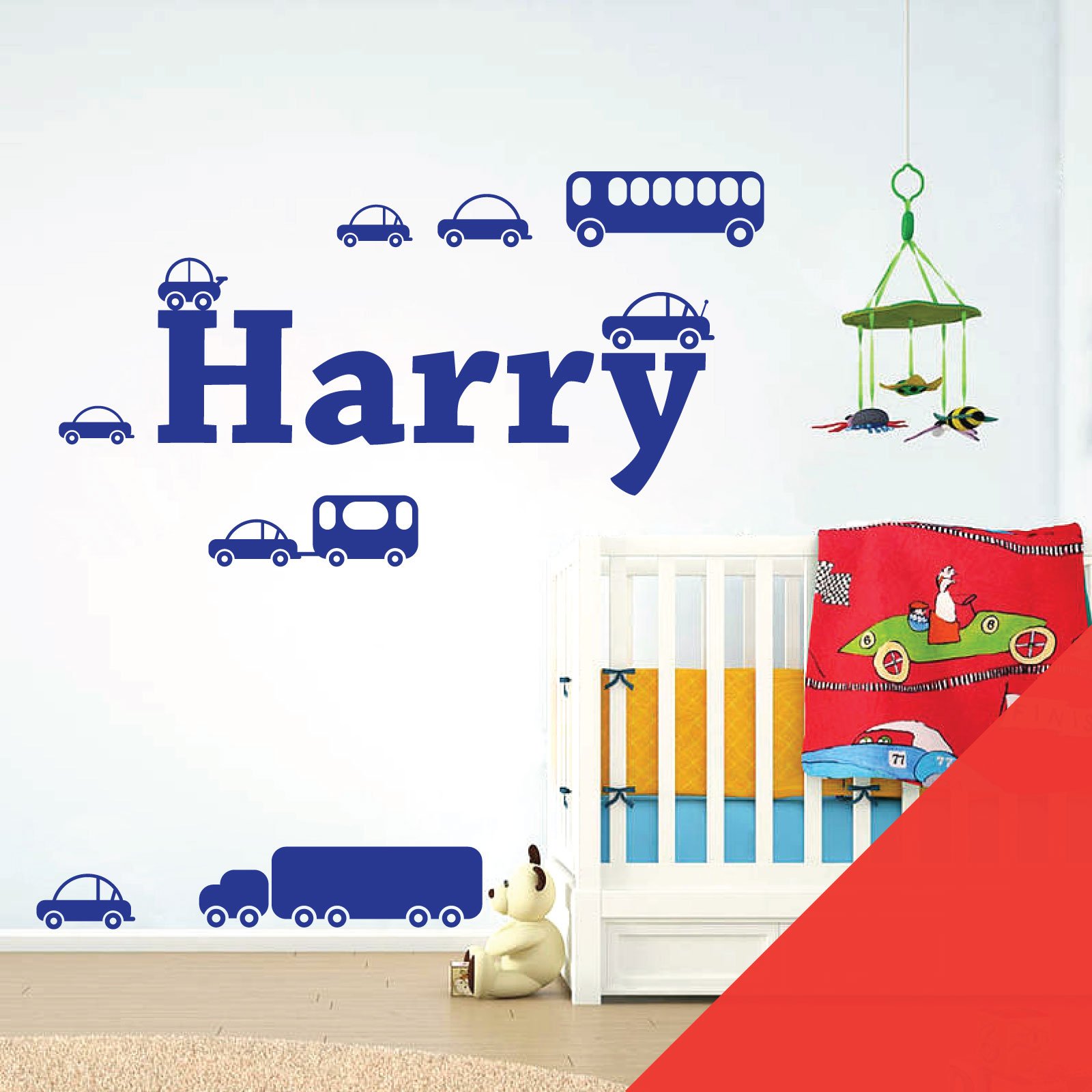 Personalised Name Boys Wall Art Sticker - Cartoon Trucks, Cars, Bus, Caravan, Taxi Set [Medium] [Poppy]