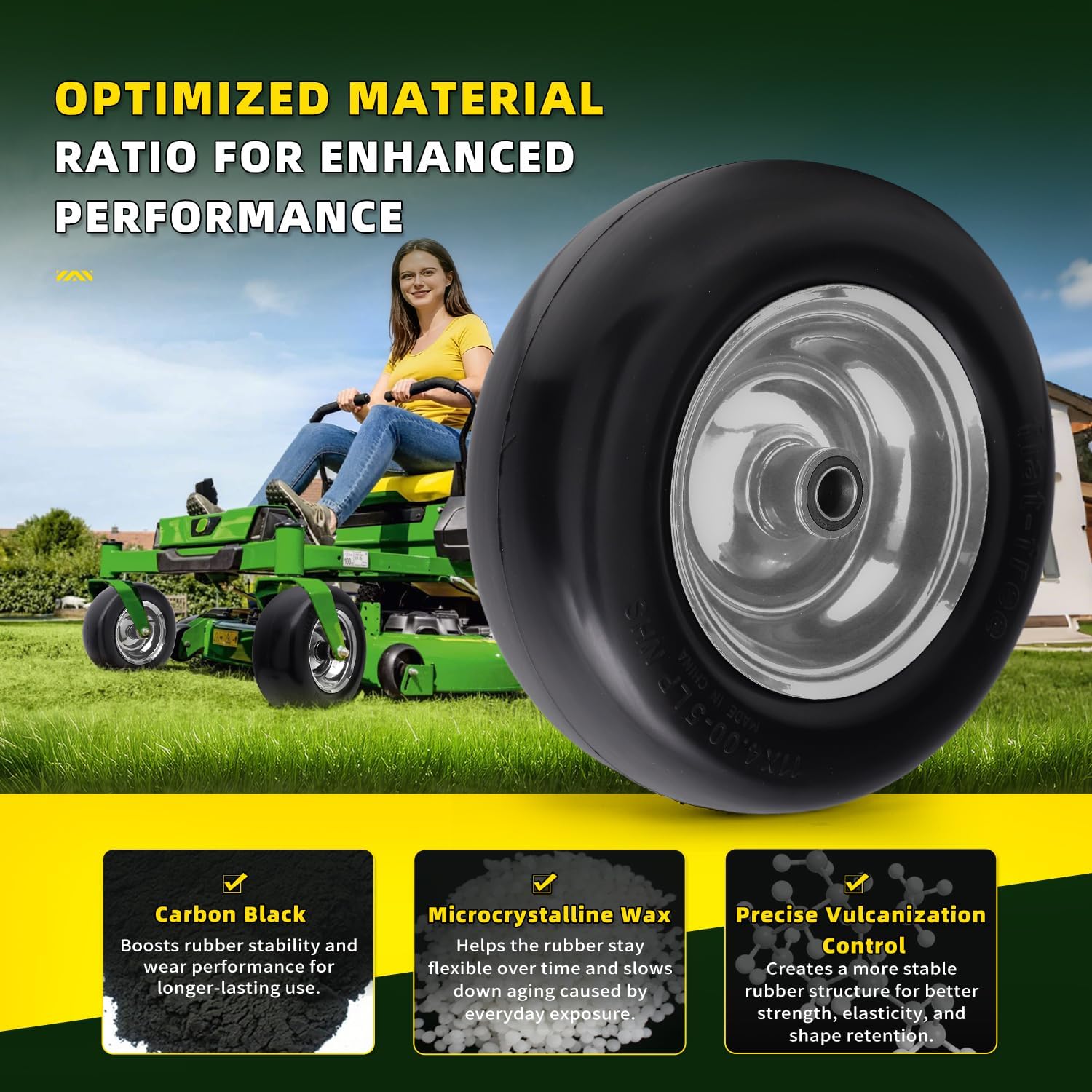 2 PCS 11x4.00-5 Flat Free Lawn Mower Tire and Wheel,11x4-5 Solid Smooth Tractor Turf Tire for Zero Turn Lawn Mowers Front Tires,with 3/4" & 5/8" & 1/2" Bearings, 3.4"-4.9" Centered Hub