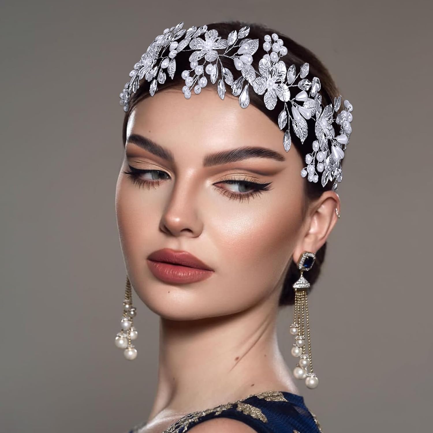 JHOO Cryatal Hair Vine for Wedding Pearl Rhinestone Alloy Flower Headband Silver Headpiece for Women Fashion Party Hair Accessories HP897-S (silver)
