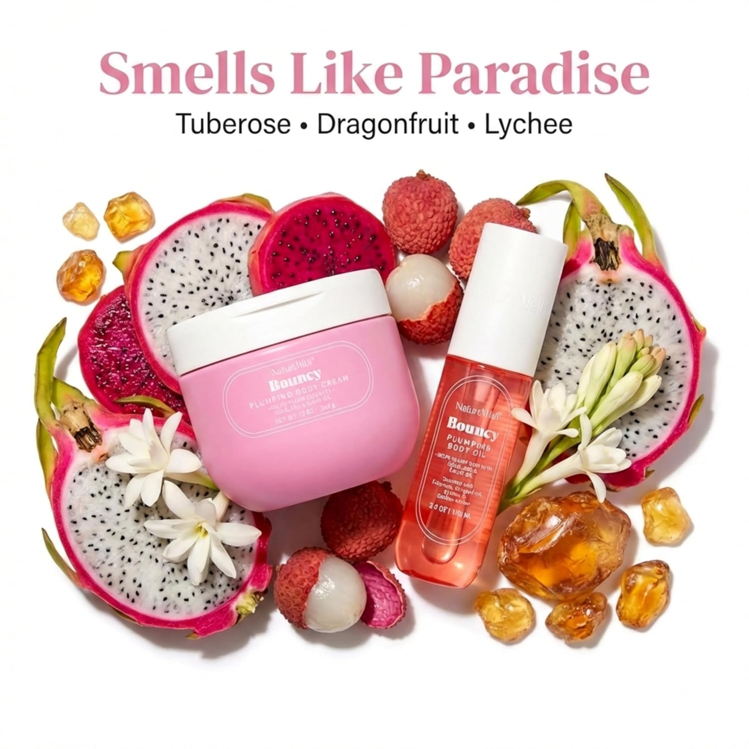 NATURE WELL Bouncy Plumping Body Oil & Body Cream Bundle, Fast-Absorbing, Designed to Support Skin Elasticity, Smoothness, & Bounce, Scented with Tuberose, Dragonfruit, Lychee & Golden Amber