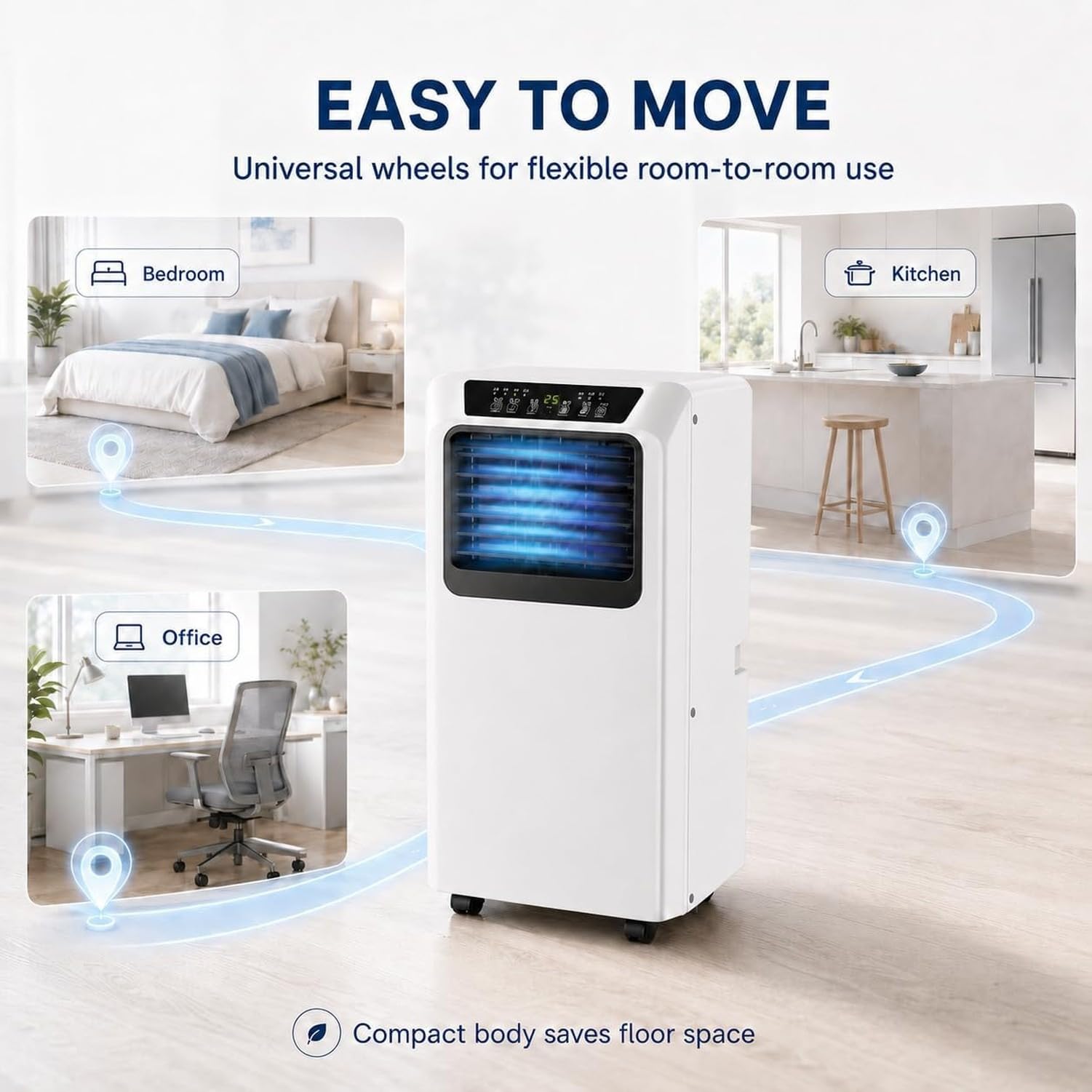 Przenośny klimatyzator 9000 BTU 2w1 z osuszaczem, cicha praca 36–49 dB, montaż bez wiercenia, prosta instalacja bez modyfikacji okna