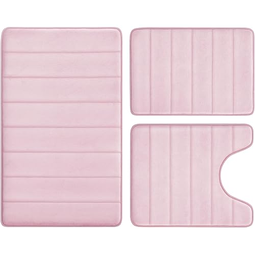 BYSURE Pink Memory Foam Bathroom Rug Set 3 Piece, Non Slip Extra Soft Absorbent Machine Washable Toilet Bath Toilet Mat (17"x24"+20"x32"+U Shape 20"x24")