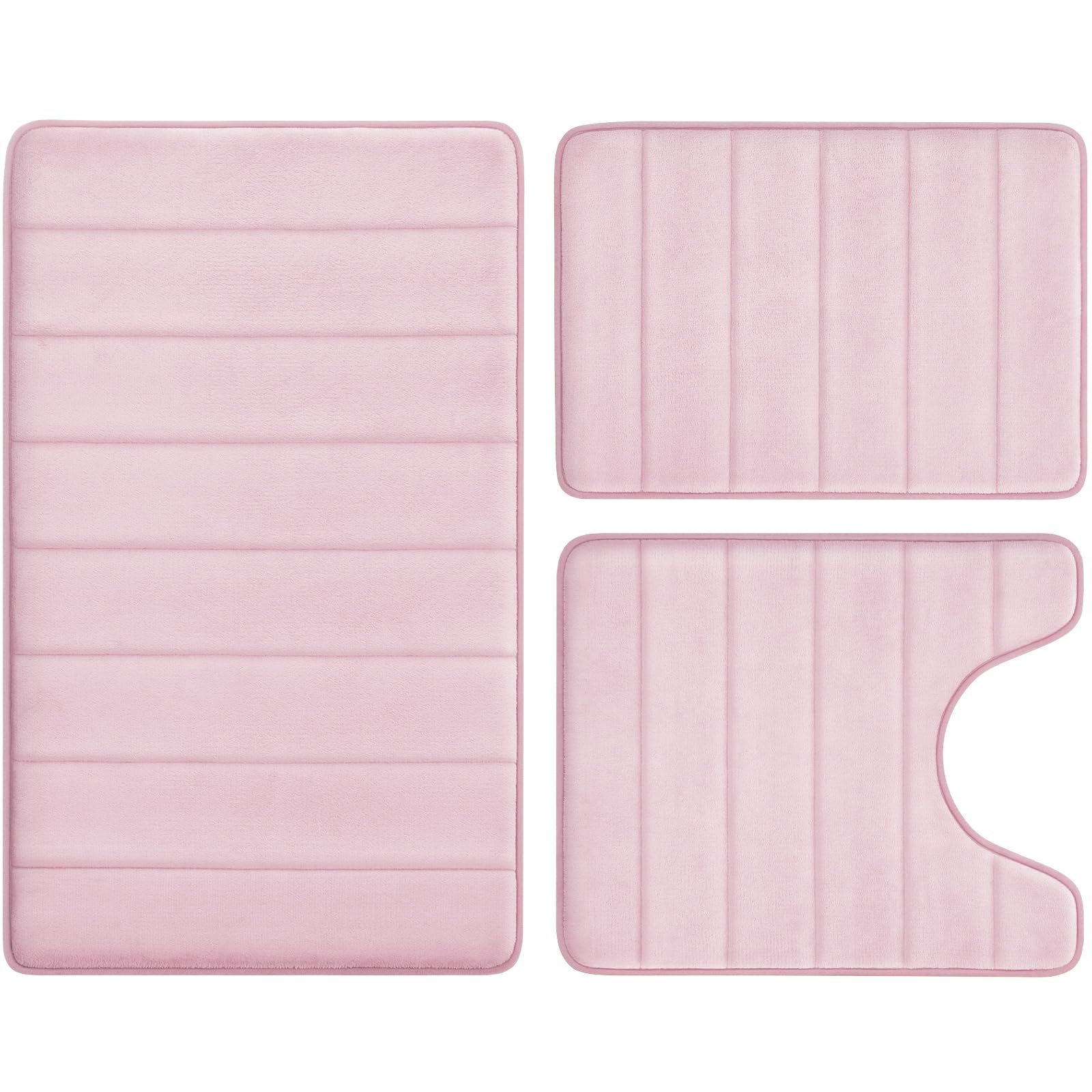 BYSURE Pink Memory Foam Bathroom Rug Set 3 Piece, Non Slip Extra Soft Absorbent Bath Mats, Machine Washable & Dry Toilet Mat Sets for Bathroom Floor