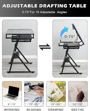 Drafting Table Adjustable Art Desk - LifeSky Artist Drawing Table Glass Top with Stool Black
