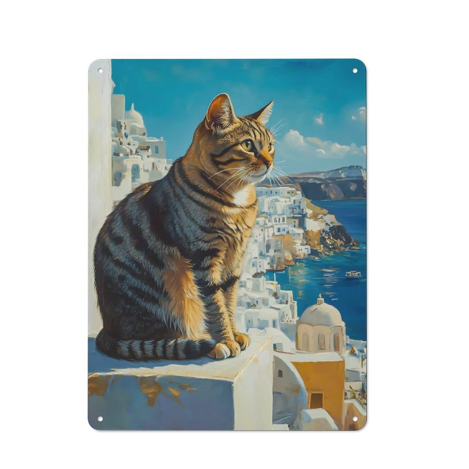 Junmoney Style-24 Bistro Style Cat Overlooking Santorini Tin Wall Sign 40X30cm, Shop Wall Decor For Takeaway, Bar, Kitchen Or Counter Area