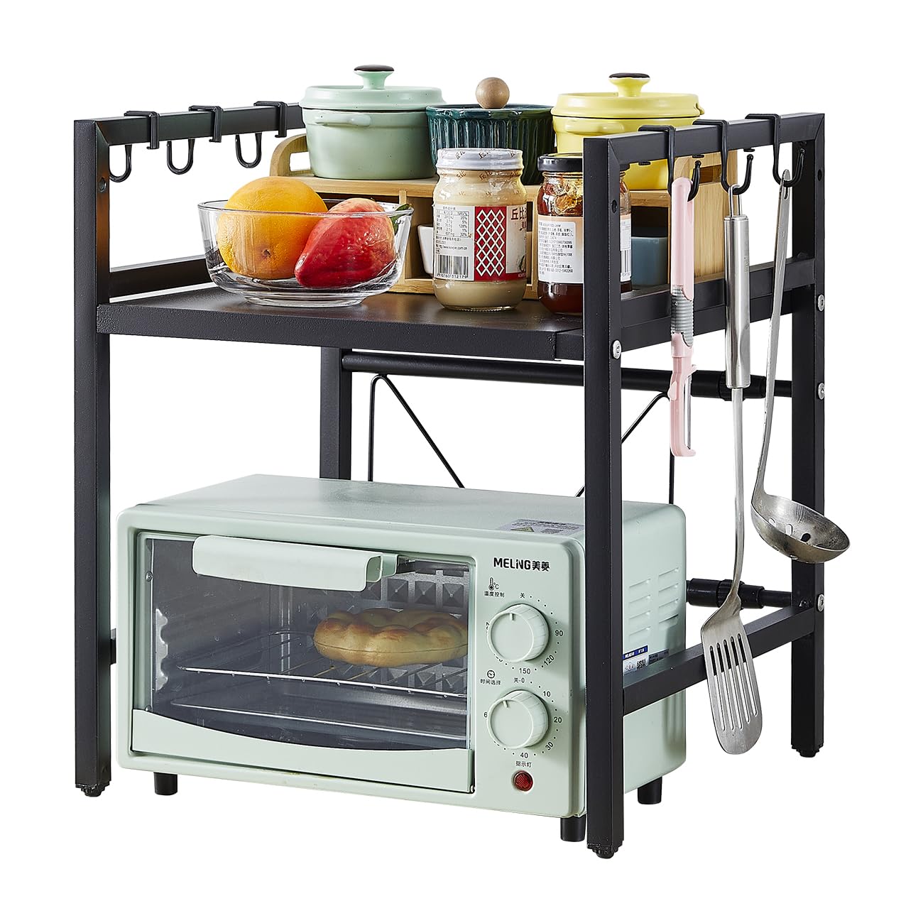 Redd Royal Kitchen Countertop Microwave Shelf Stand 2 Tiers Expandable Spices Rack, Metal Printer Stand Storage Sheving Unit Freestanding Home Office (Black, 2 Tiers Expandable)