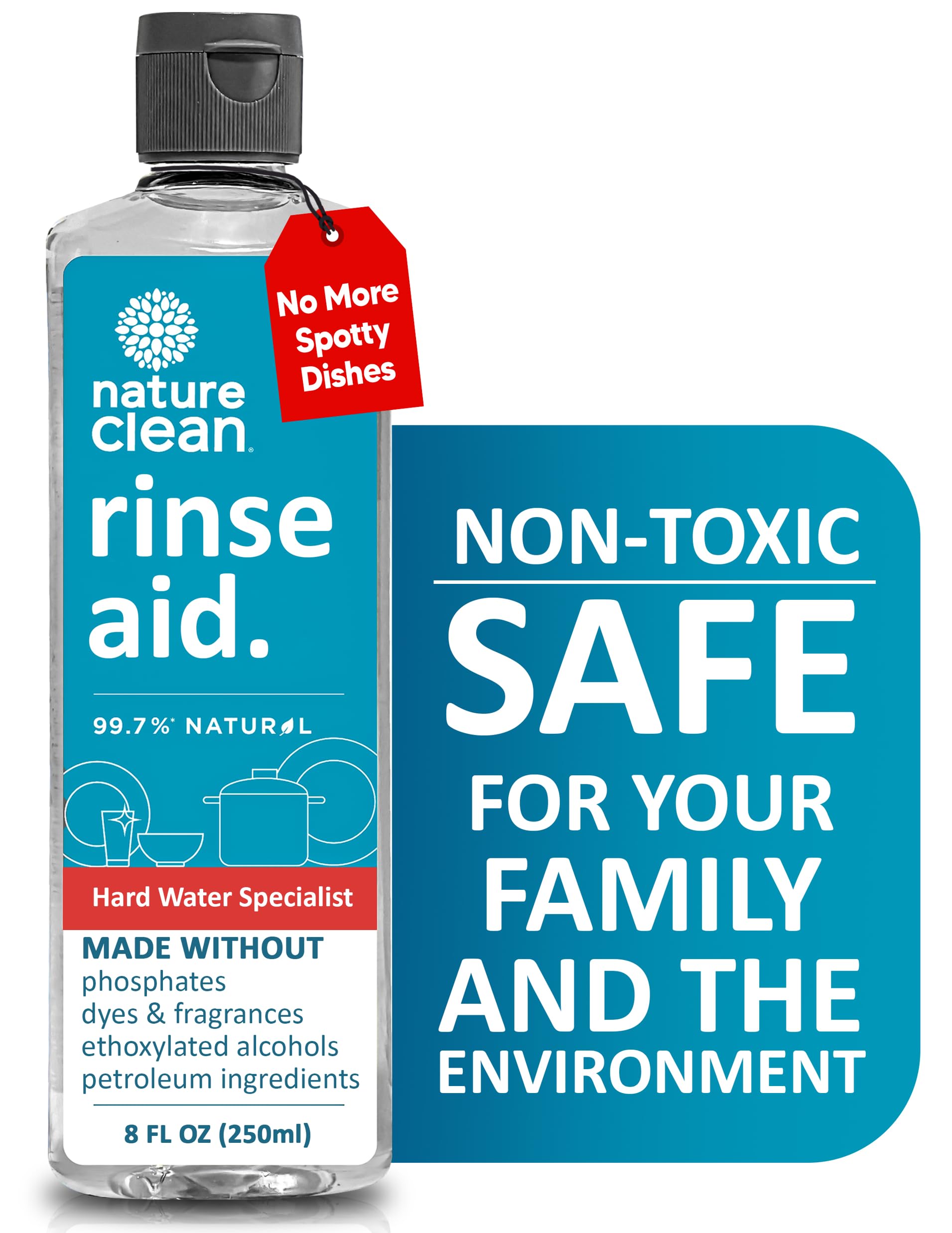 NATURE CLEAN Natural Dishwasher Rinse Aid Cleaner Liquid & Dishwashing Drying Agent 8 oz - 250ml. Non-Toxic Eco-Friendly Plant-Based Fragrance-Free. Spot Free Hard Water Stain Remover for Glass