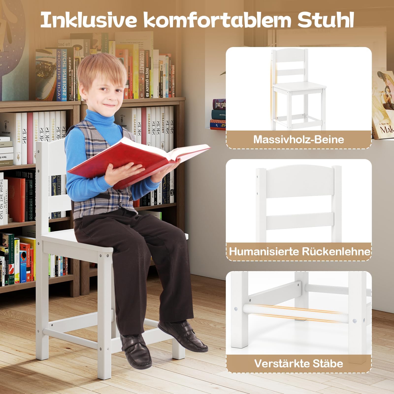 COSTWAY Schreibtisch Kinder Set mit Stuhl, Kinderschreibtisch mit Stauraum, Schülerschreibtisch mit Regal, offener Ablage & Schrank, Jugendschreibtisch für Jungen & Mädchen ab 3 Jahren (Weiß)