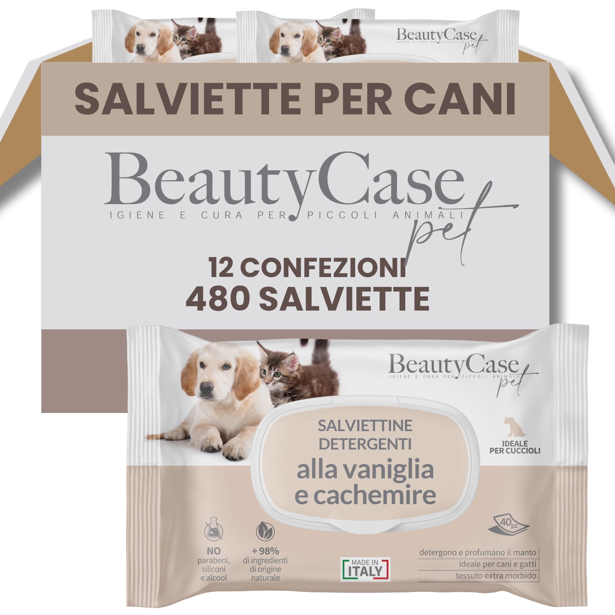Beauty Case Chusteczki dla psów i kotów XL 20 x 30 cm - 480 x wilgotne chusteczki dla psów - 12 x 40 chusteczek dla psów - zagłówki, miękkie, odporne na zapachy, wanilia i kachemir